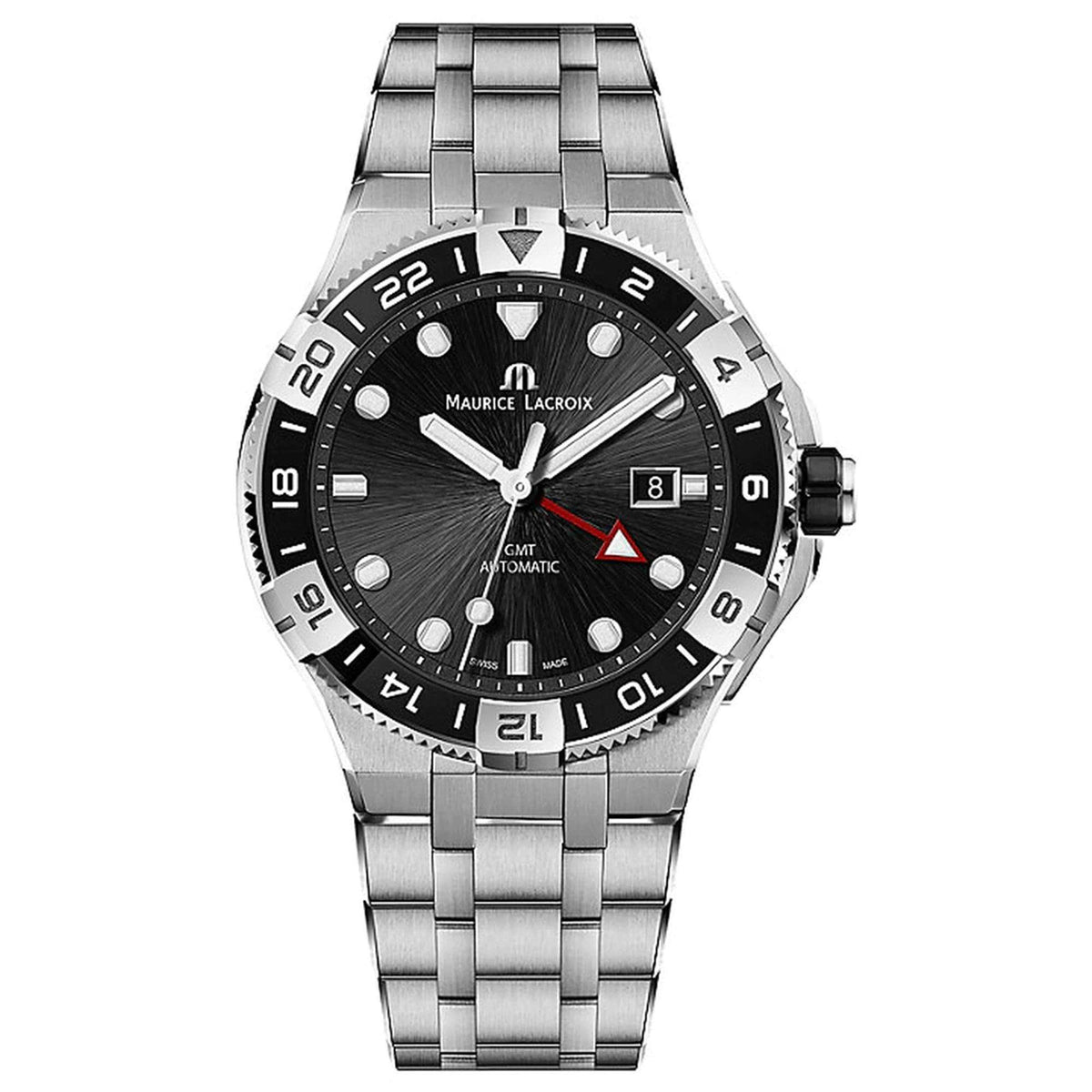 Men's steel GMT automatic wristwatch with black textured dial, luminous markers, steel band