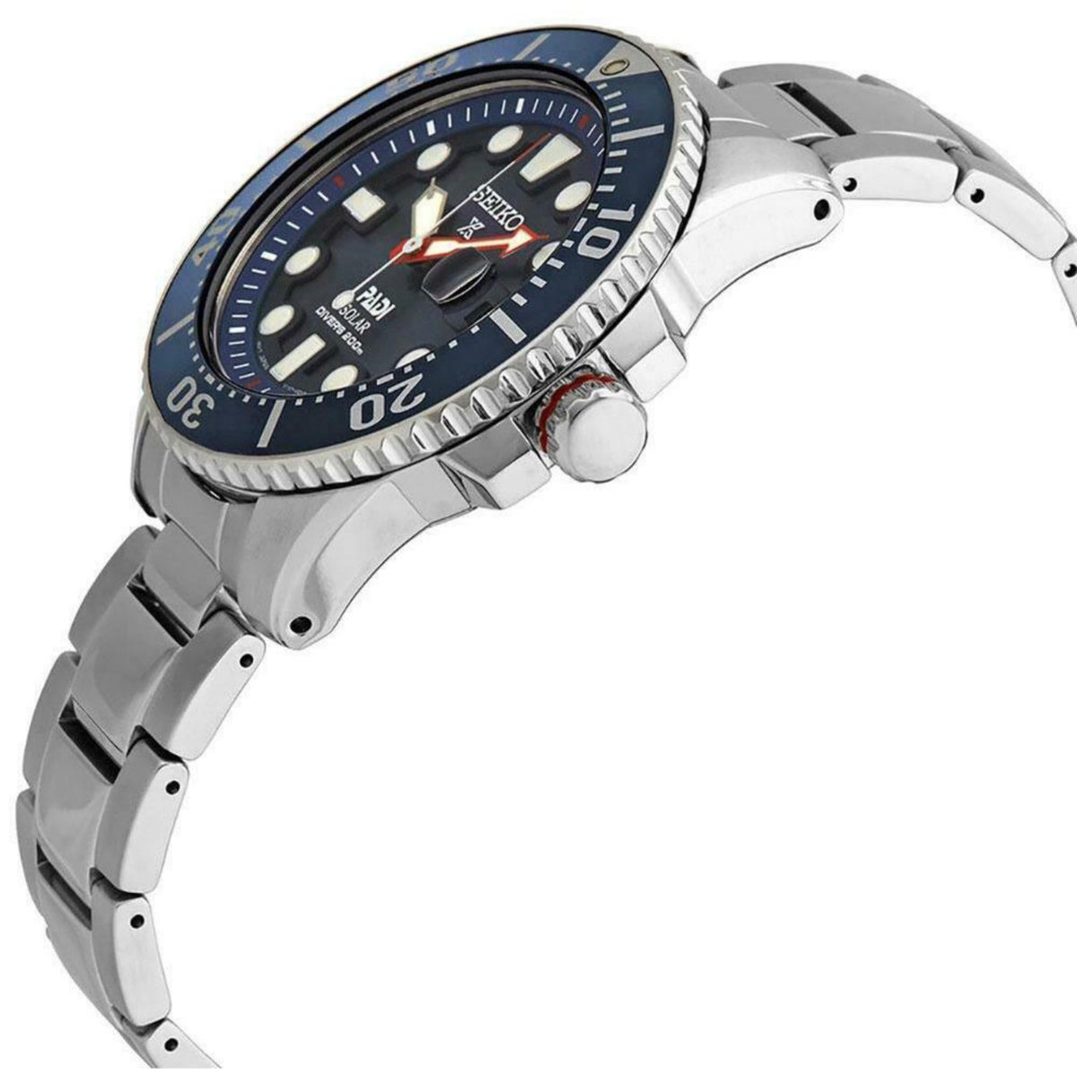 Men's stainless steel watch side view with blue dial, bezel, and crown at 3 o'clock