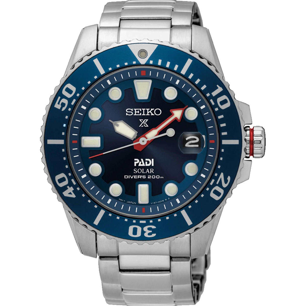 Stainless steel sport watch with blue rotating bezel, diver markers, and blue dial