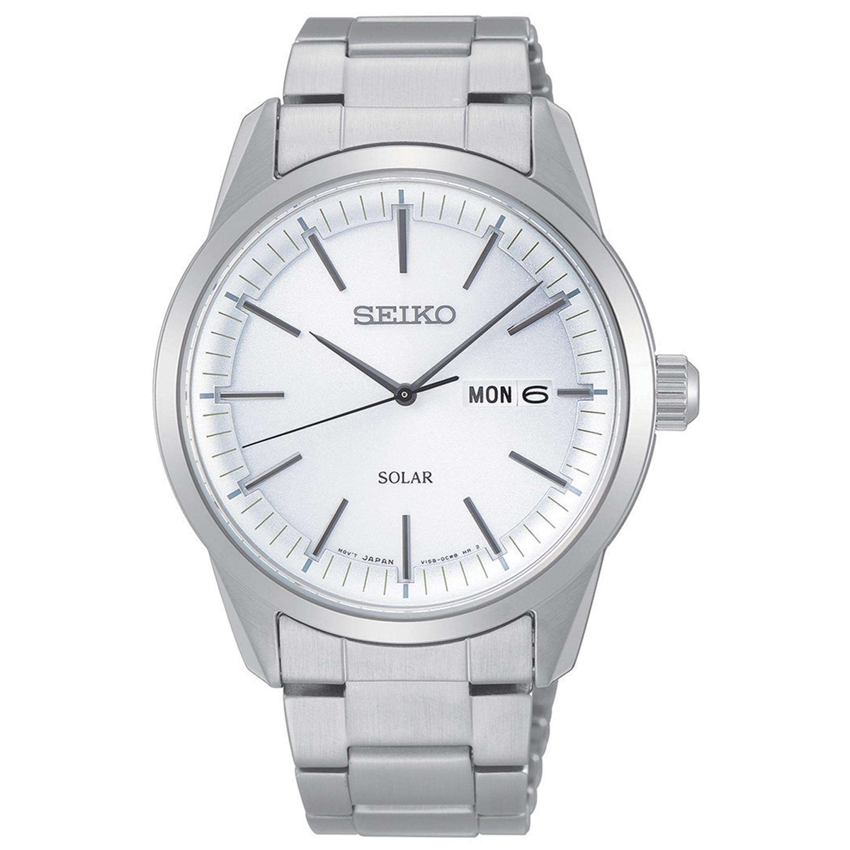 Stainless steel quartz wristwatch with white dial, metal bracelet, baton markers, day-date window