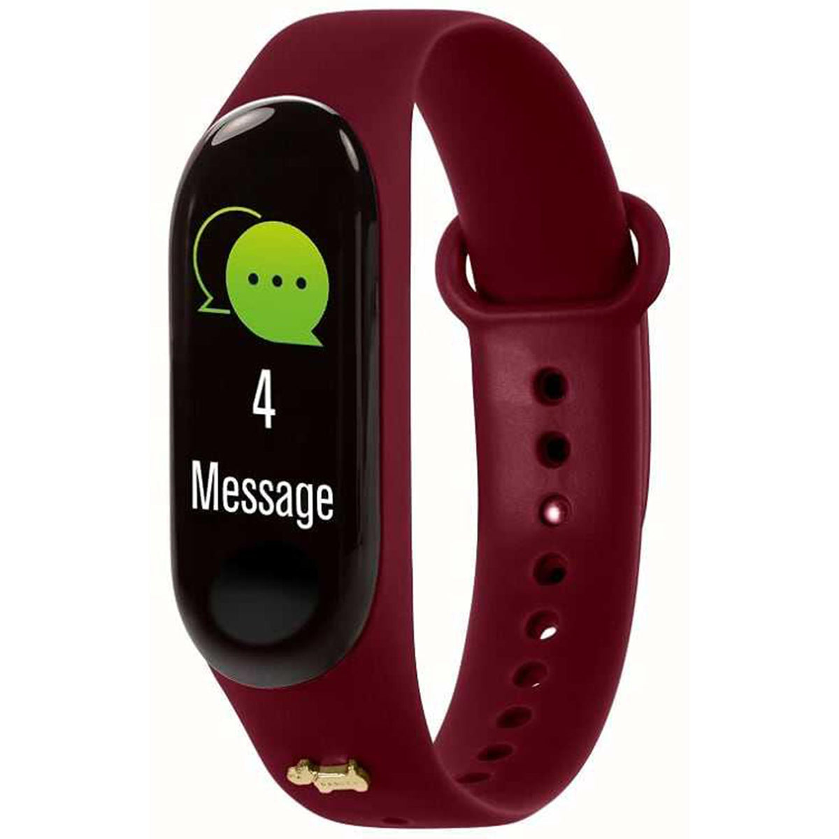 Red silicone activity tracker watch with black digital screen showing “Message” and “4”
