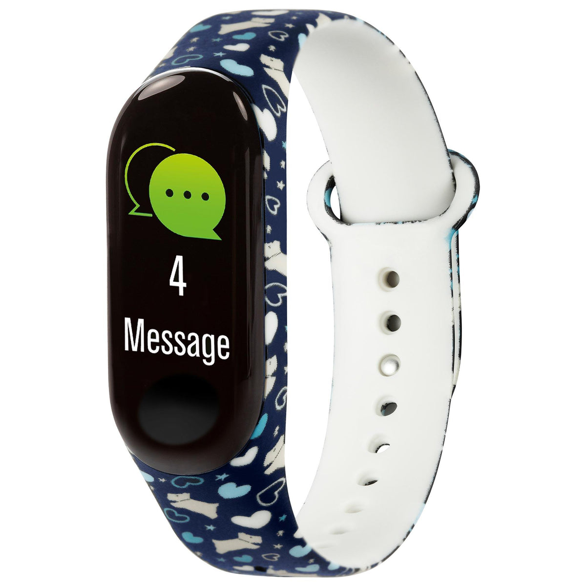 Activity tracker smartwatch with blue patterned silicone strap, dark display showing messages