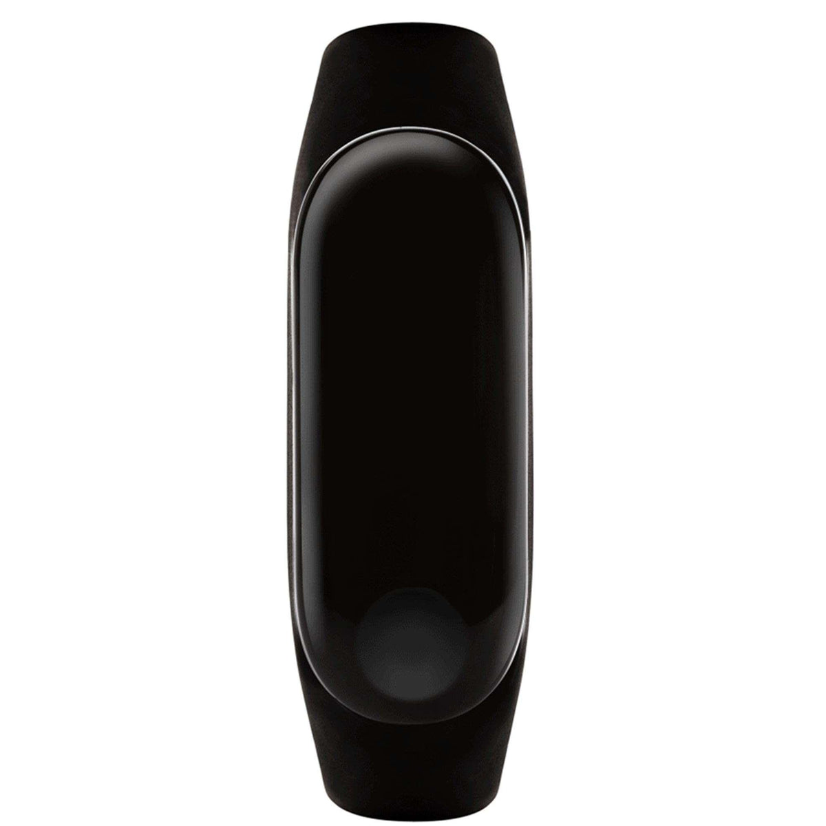 Black smartwatch with glossy black case and black silicone strap, side view