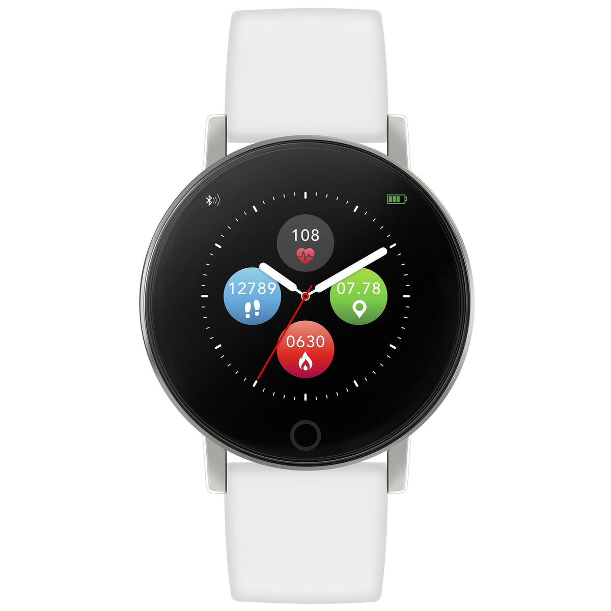 Round black smartwatch face with colorful activity icons on white silicone strap