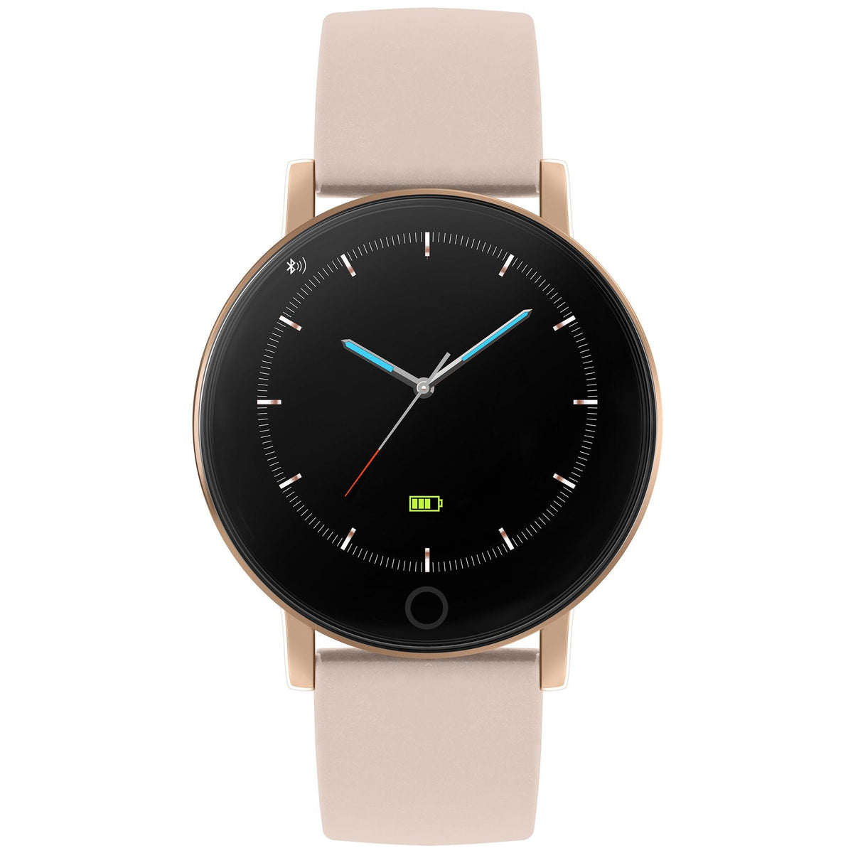 Nude pink strap smartwatch featuring a black round face with multicolor hands