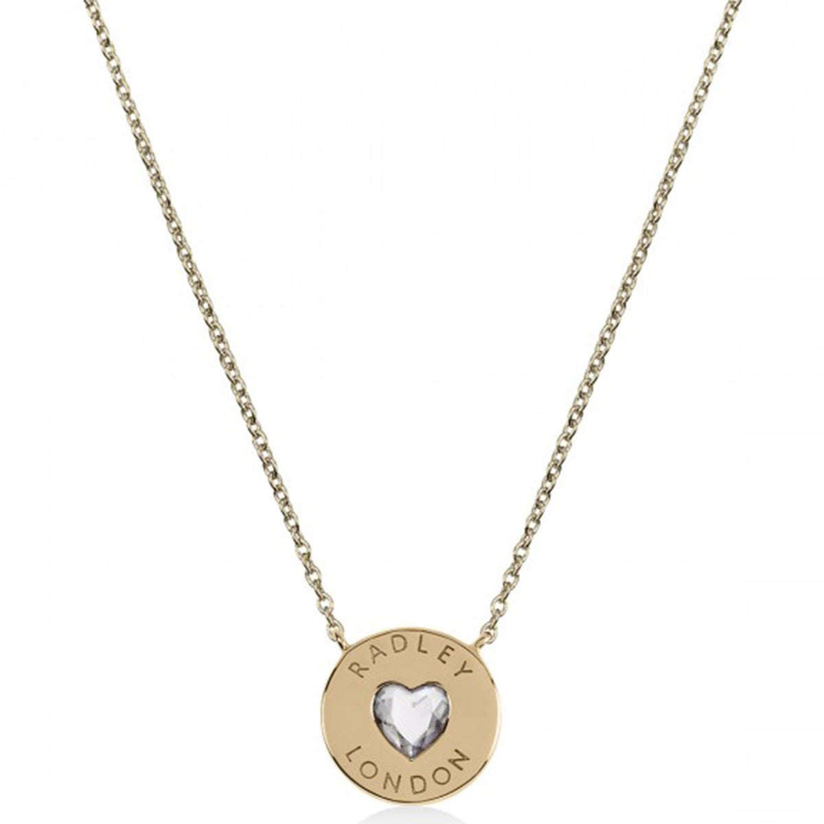 Heart disc pendant necklace, gold-tone round tag with “RADLEY LONDON” and heart detail on chain