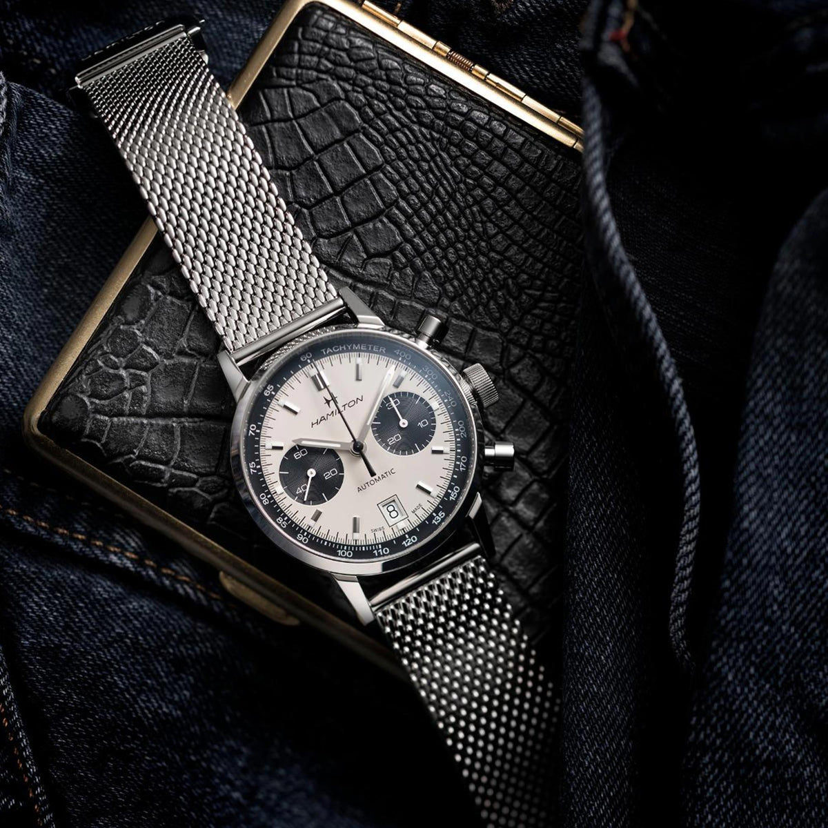 Men's automatic chronograph watch with silver mesh bracelet and white dial