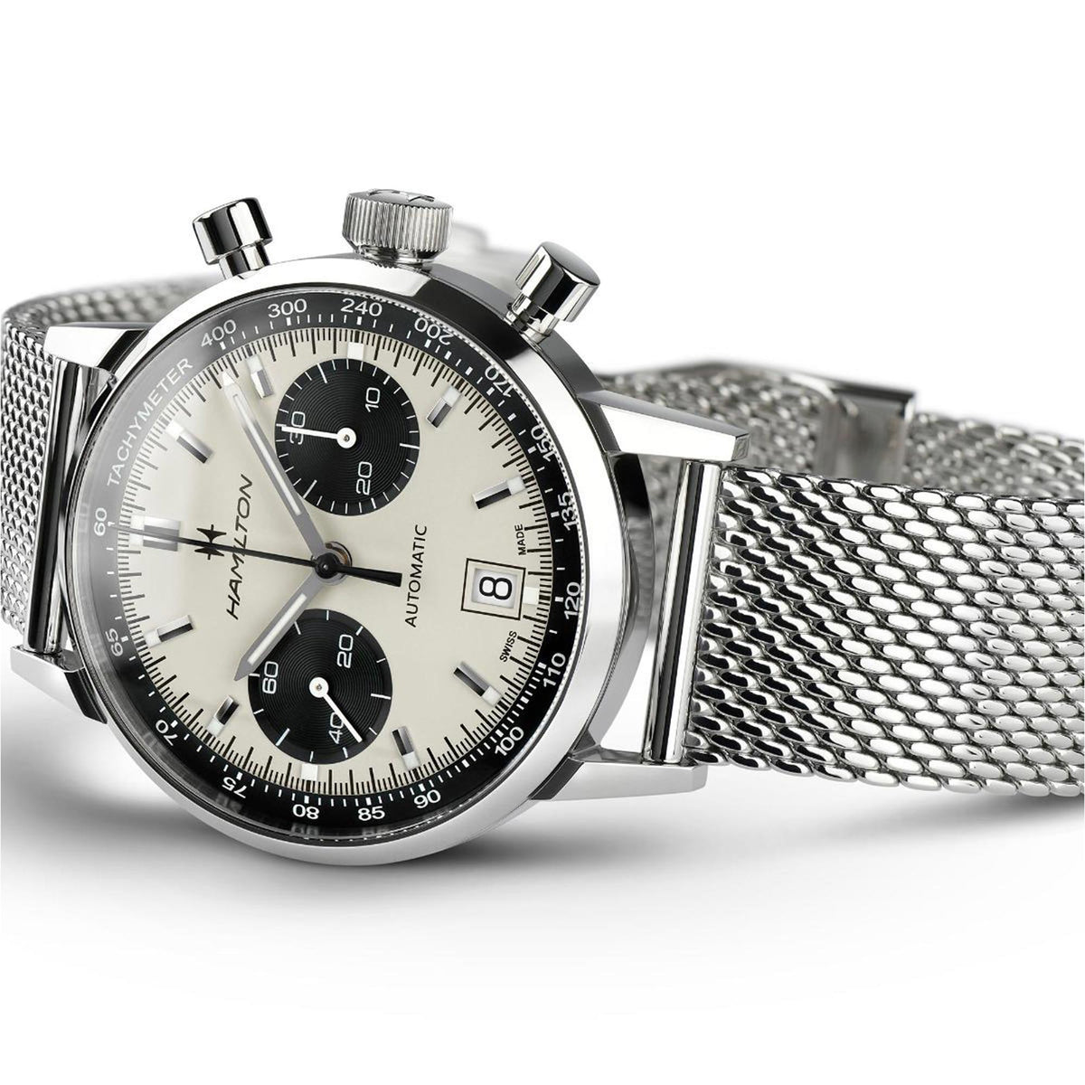 Men's automatic chronograph watch on silver mesh strap with white dial and black subdials