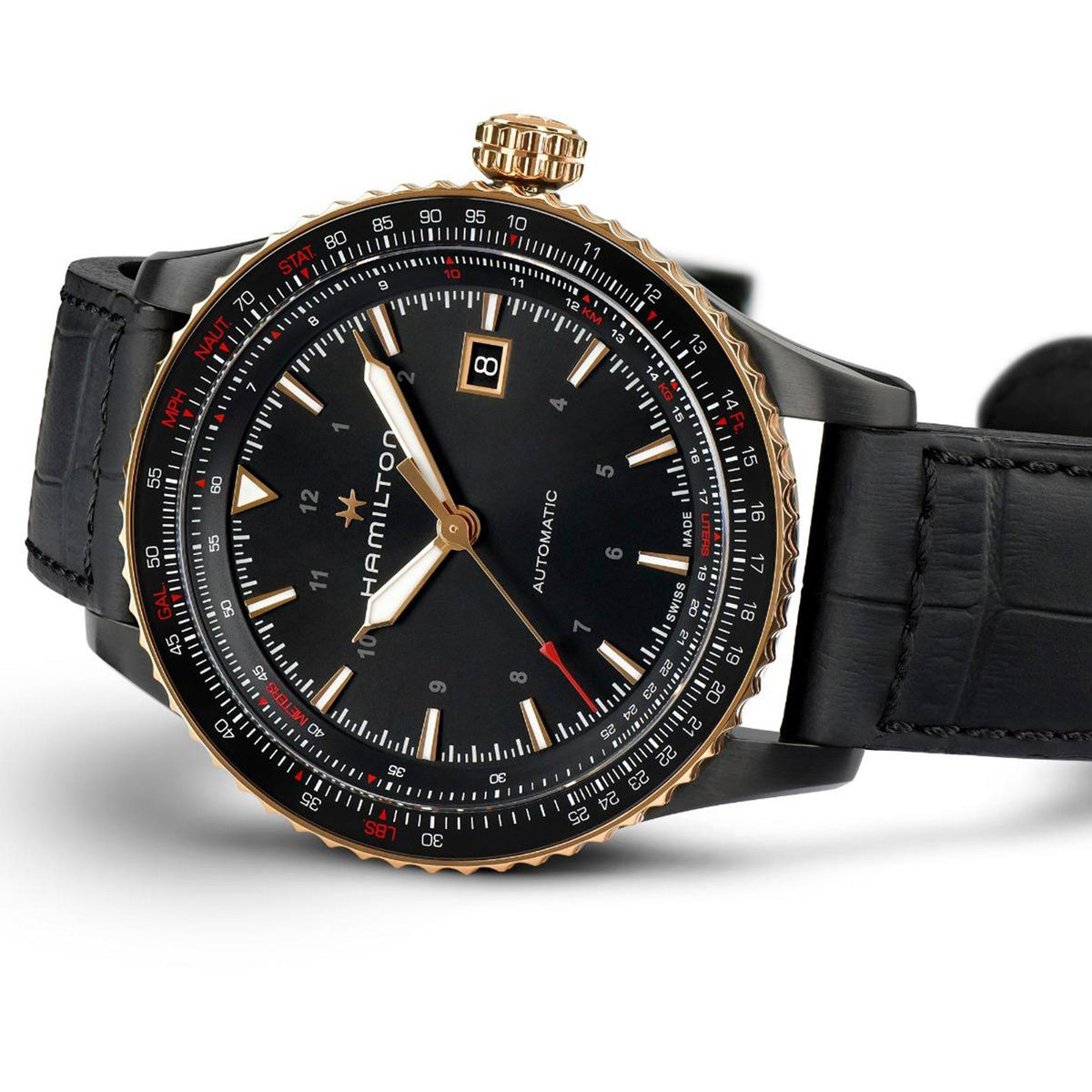 Men's automatic watch, black dial, black leather strap, gold-tone bezel and crown.