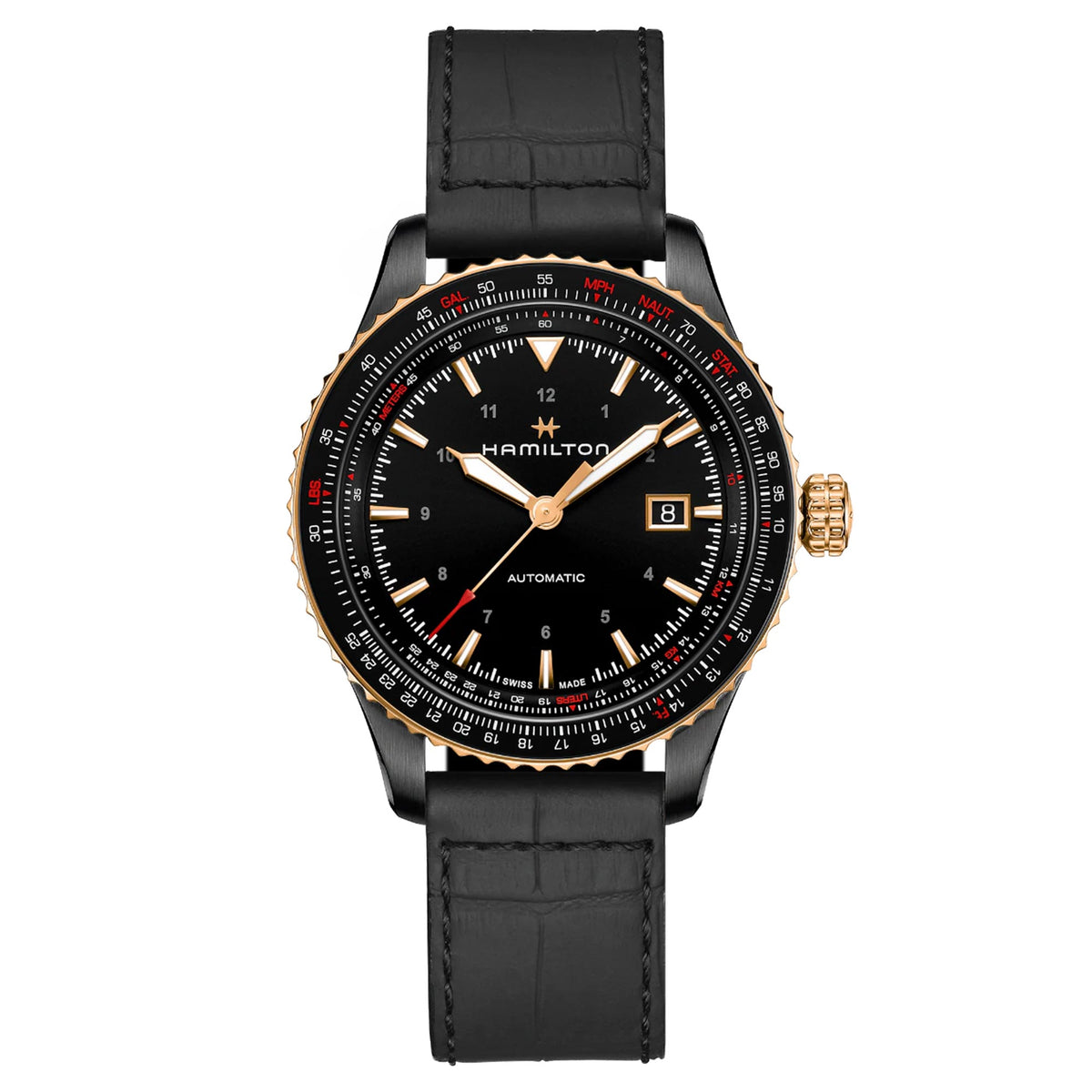 Men's automatic leather watch with black dial, black strap, gold-tone bezel and hands.