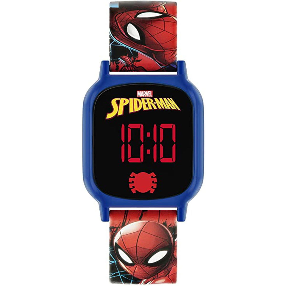Blue silicone boys watch with black digital face and Spiderman art panels, red numbers.