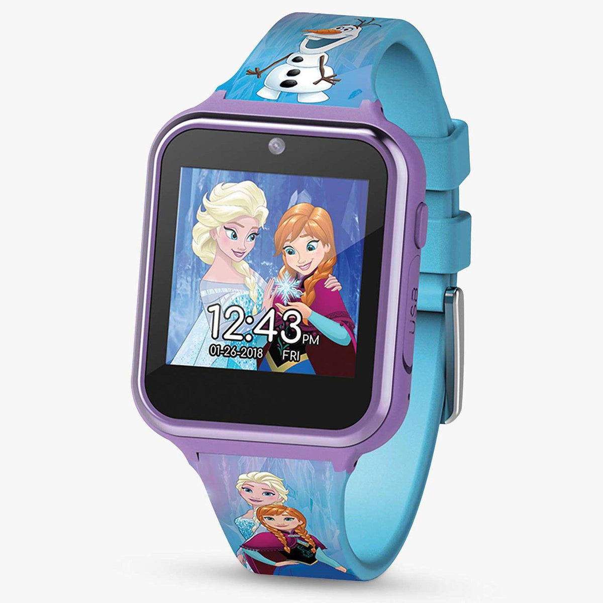 Kids digital watch angled view with purple case, blue silicone strap, and Frozen characters on the band
