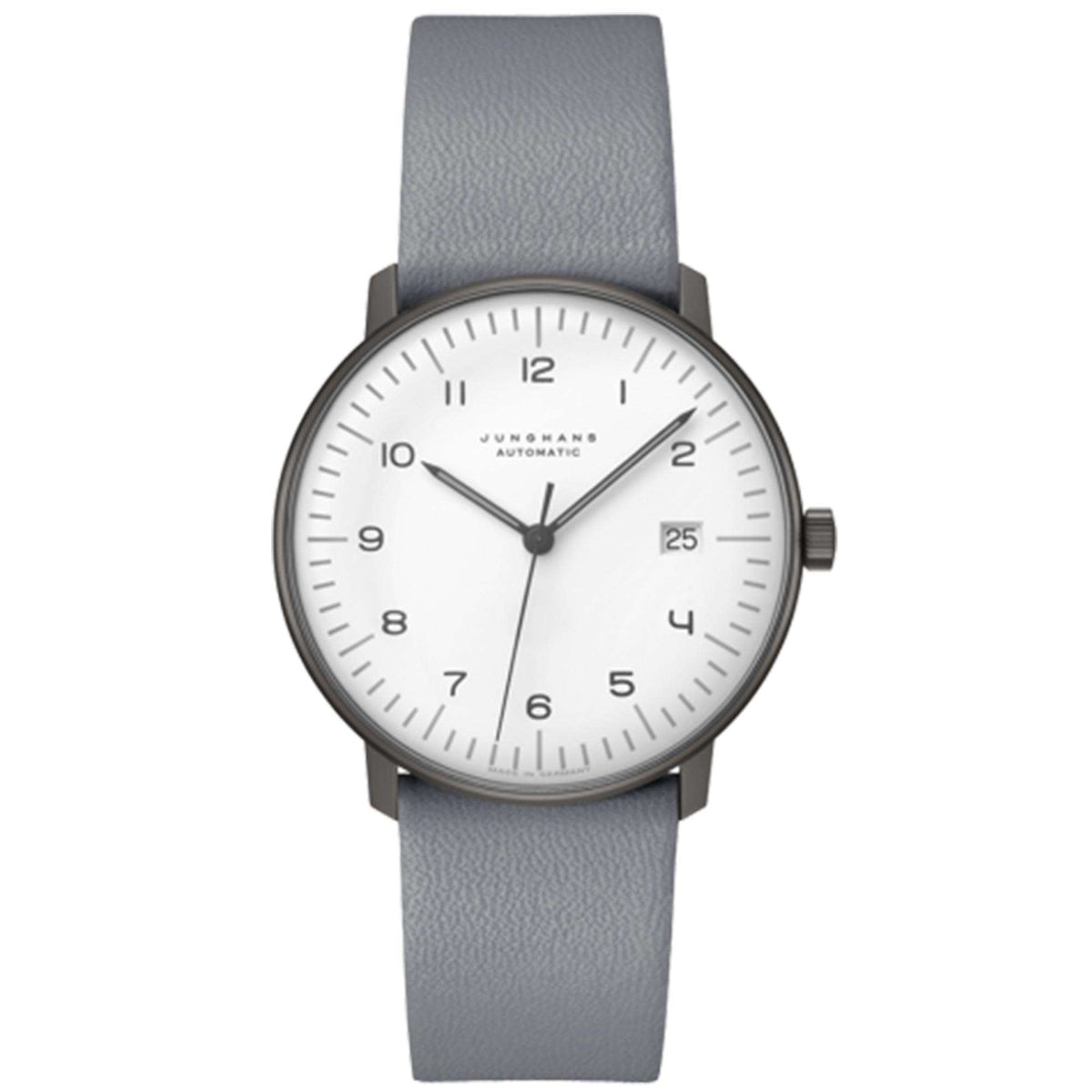 Men's automatic watch with white dial, round case, crown at 3 o'clock, grey leather strap