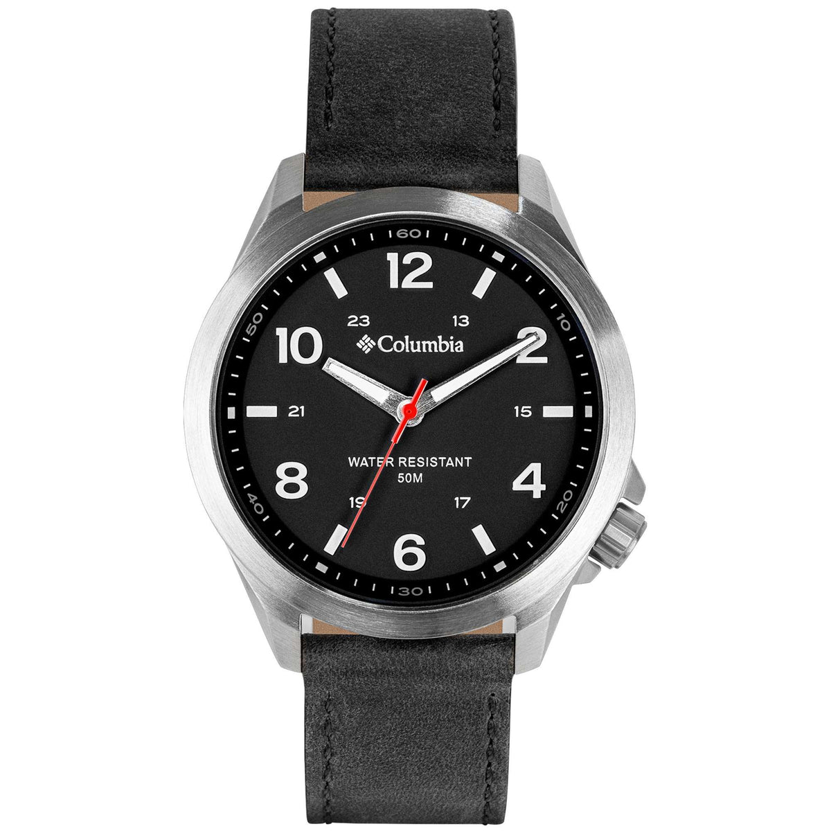 Quartz wristwatch with black dial, black leather strap, silver case, red seconds hand