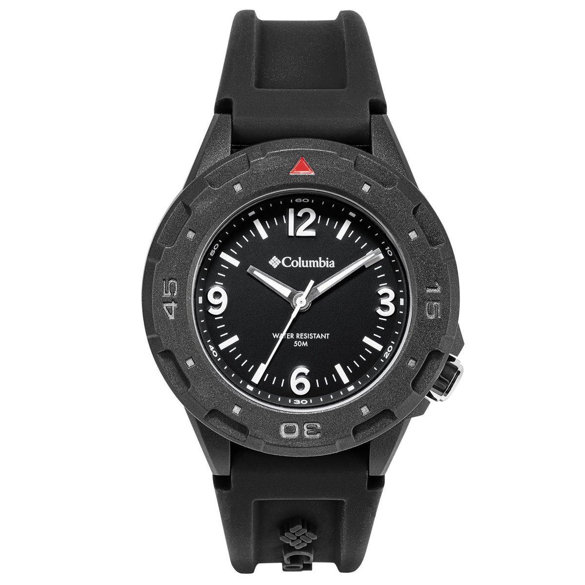 Black silicone strap quartz watch with round black bezel and bold 12–6 numerals