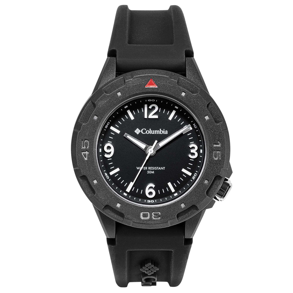 Black silicone strap quartz watch, front view with water-resistant 50M dial text