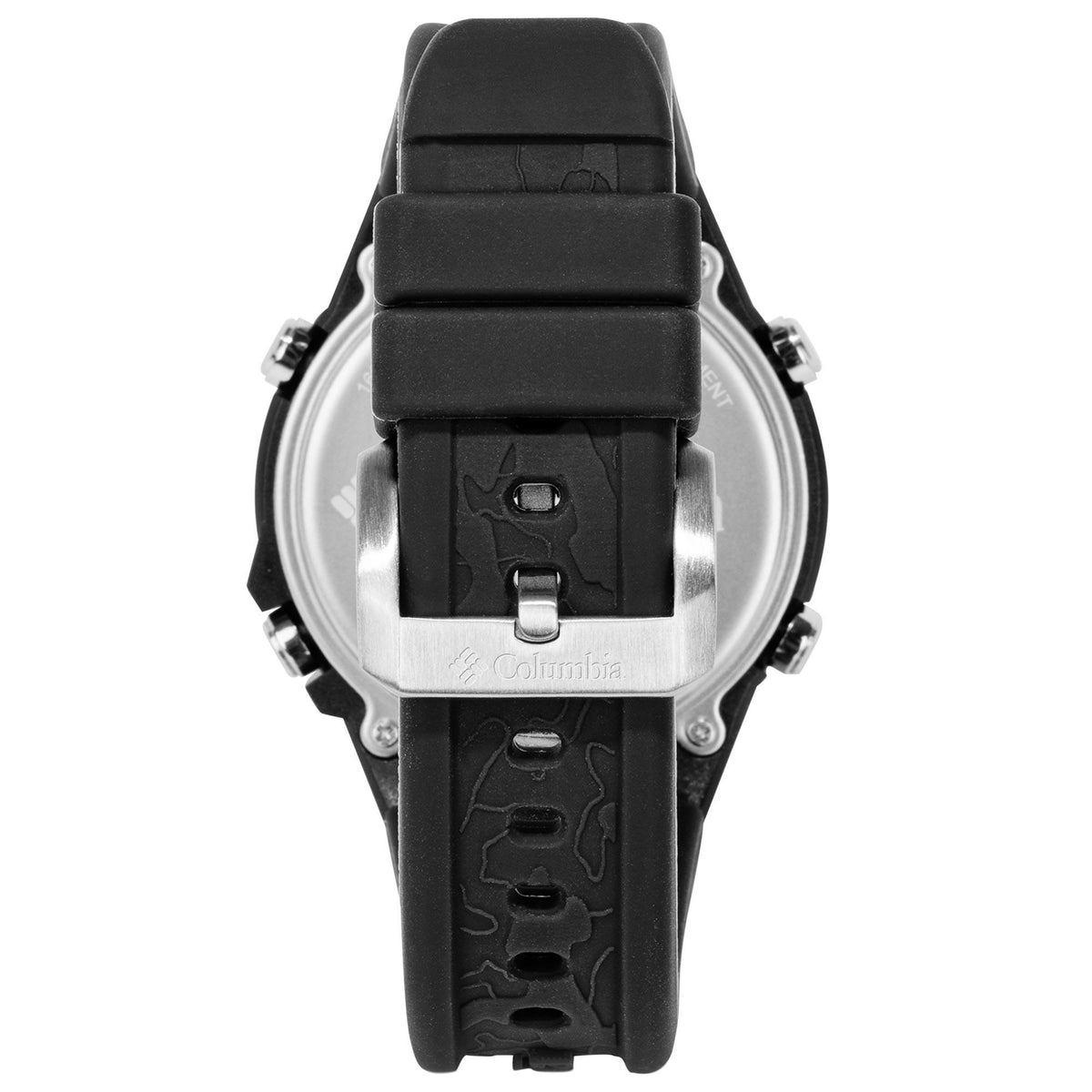 Black rubber strap watch with silver-toned case back and visible screw details