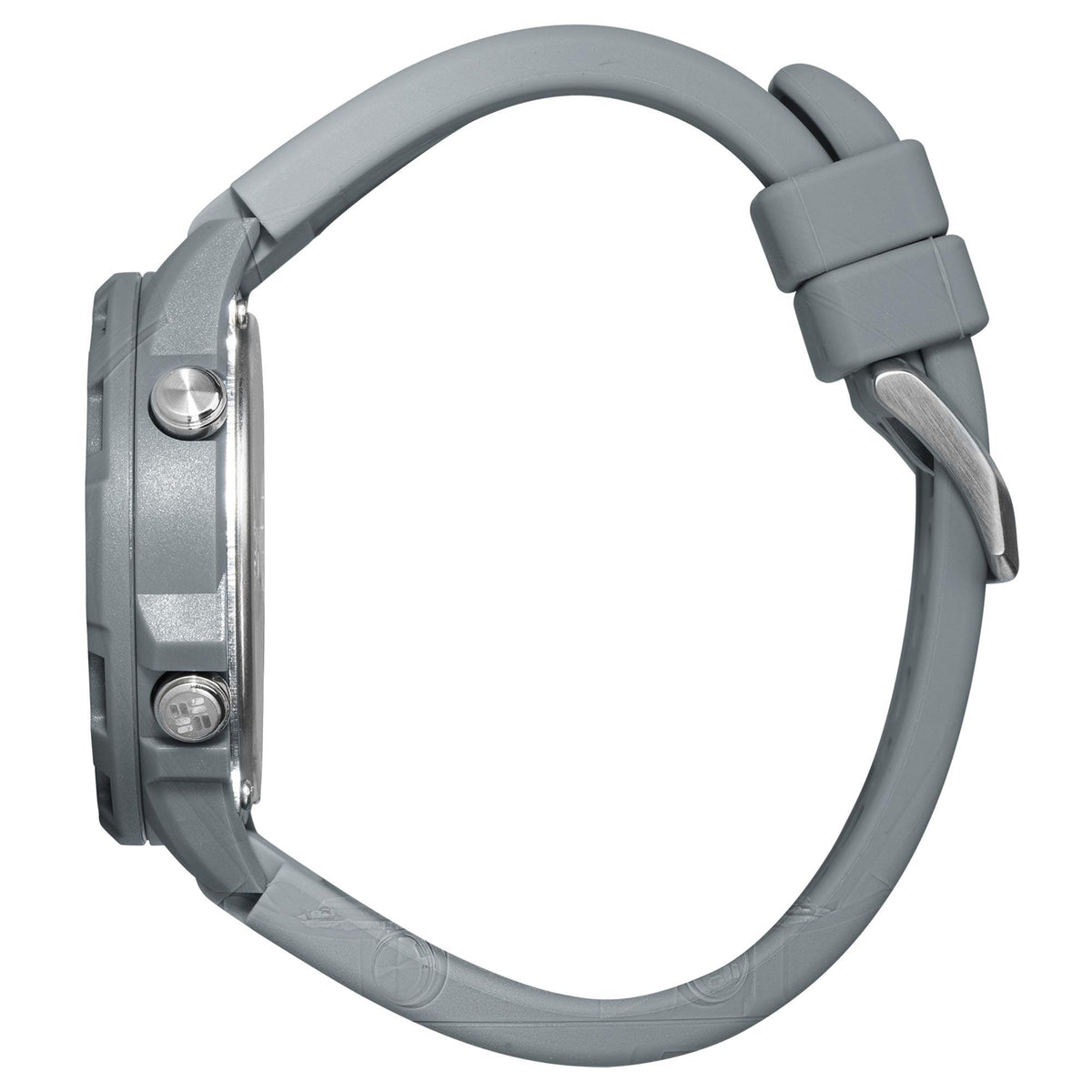 Grey rubber strap watch side view with clasp and two round pushers