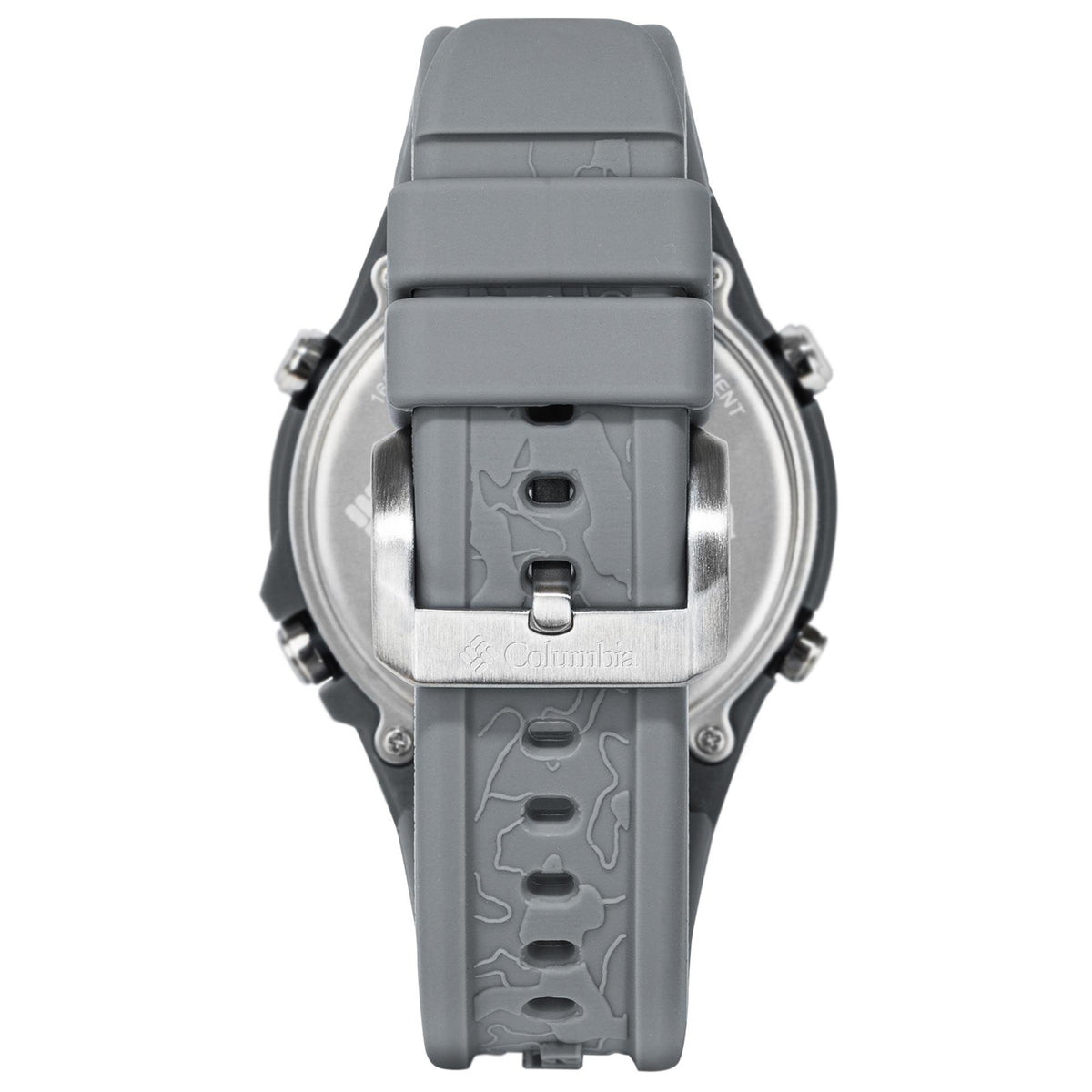 Grey digital watch case back with rubber strap and molded grip pattern