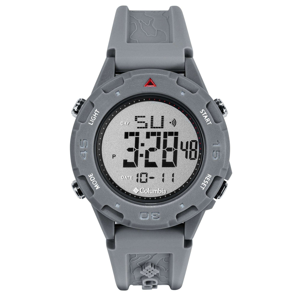 Grey digital sport watch with rubber strap and Columbia digital display