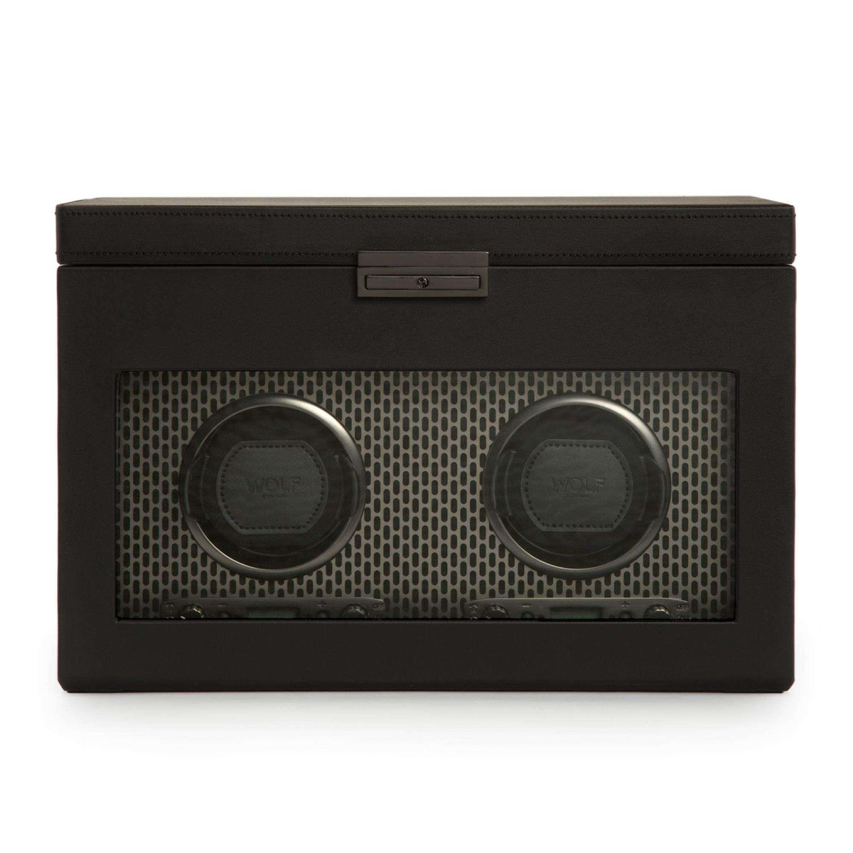 Black double watch winder front with window panel and two circular winding pads