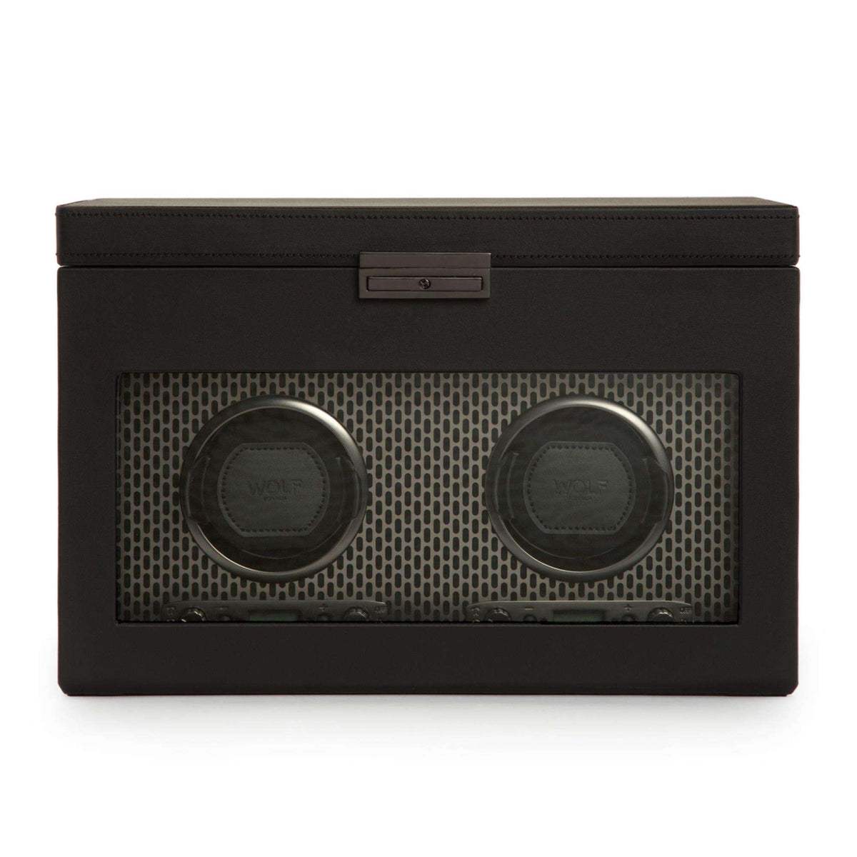 Black double watch winder with storage, front window and two round winding pads
