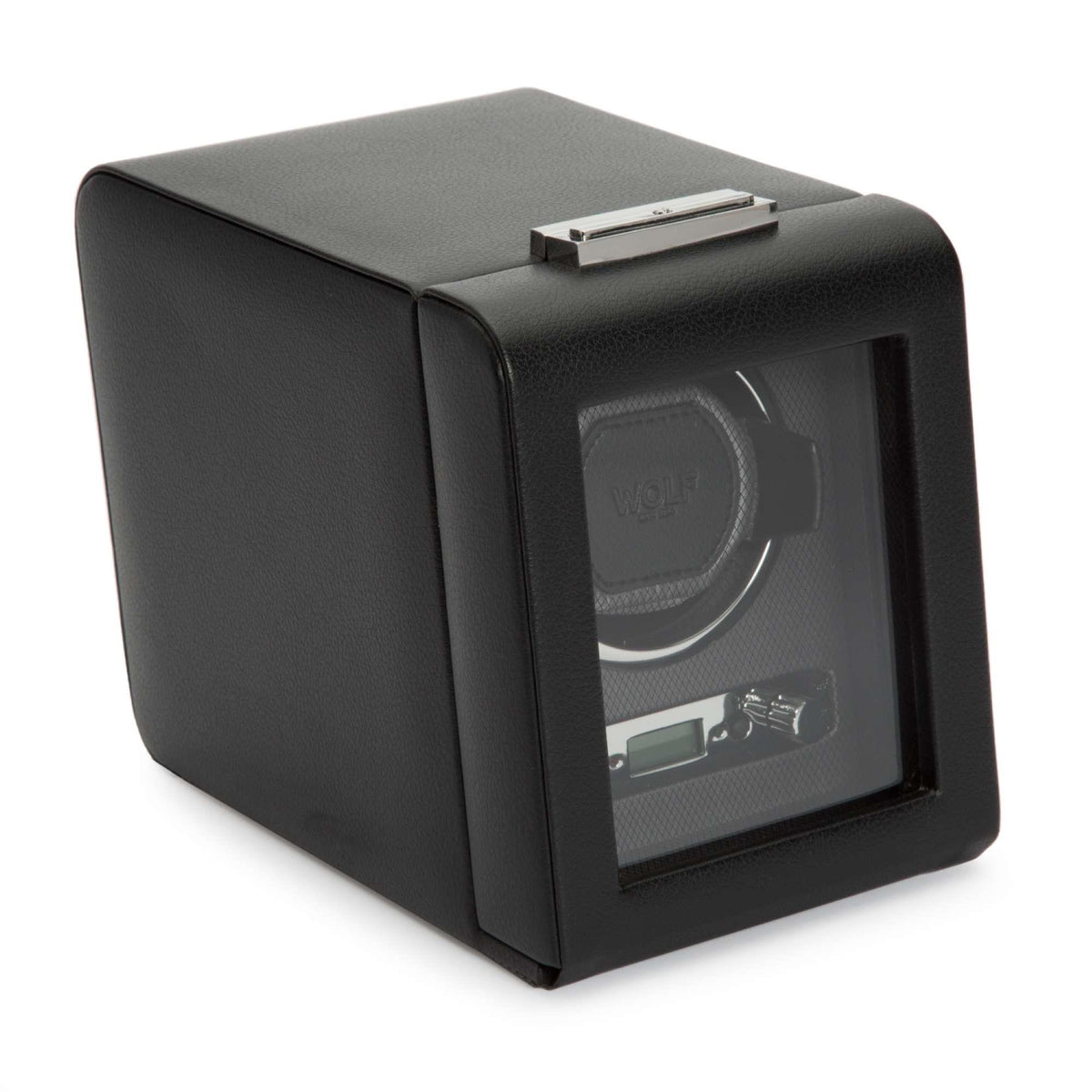 Black watch winder with square window view and chrome top latch detail.