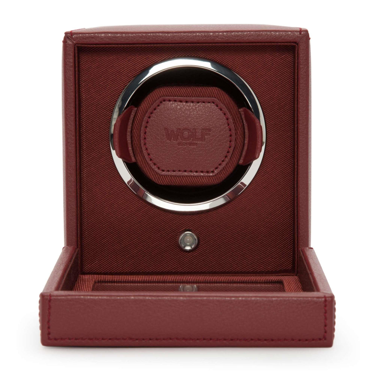 Bordeaux watch winder front view with circular winder pod and open base compartment