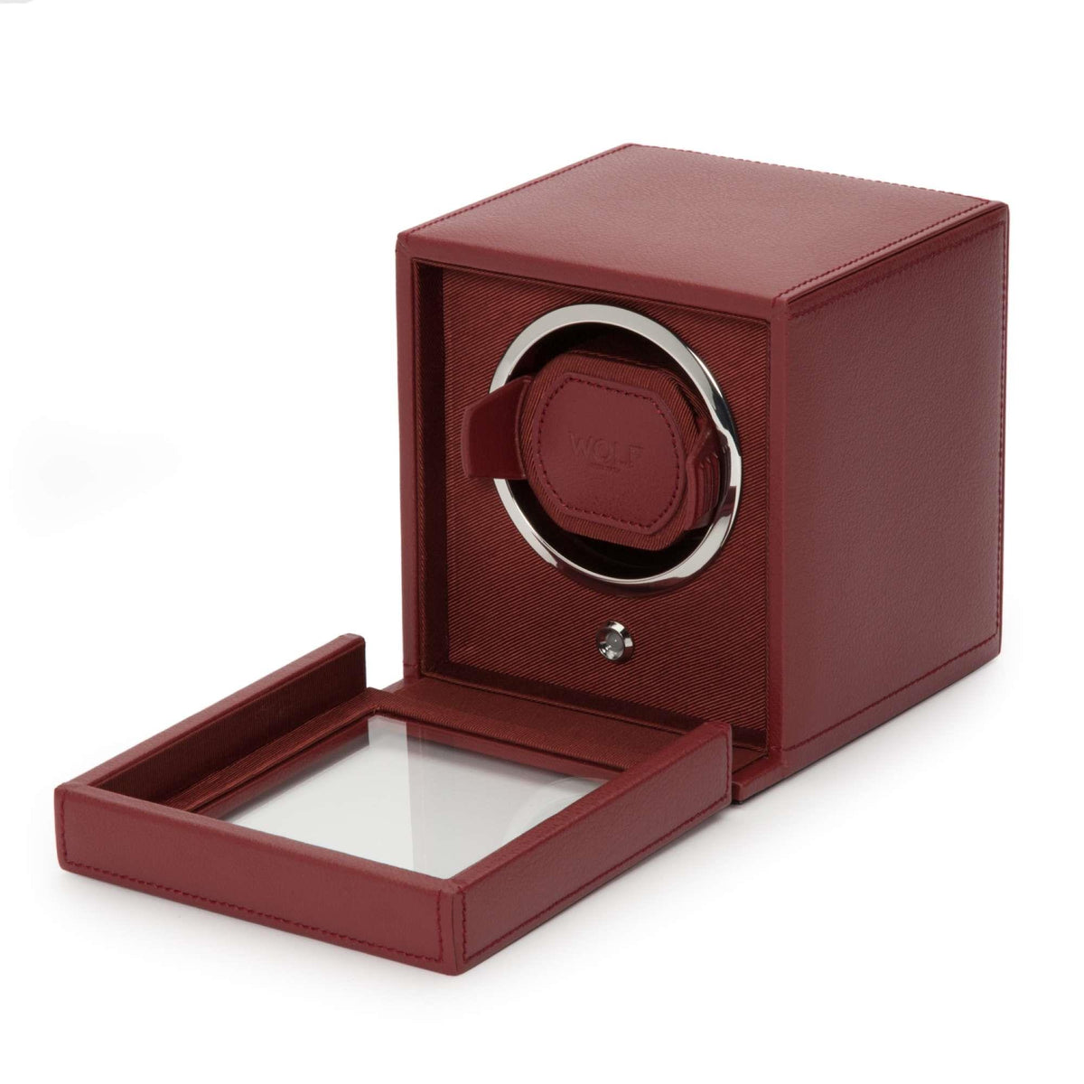 Bordeaux watch winder with hinged open lid, circular pod, and storage tray