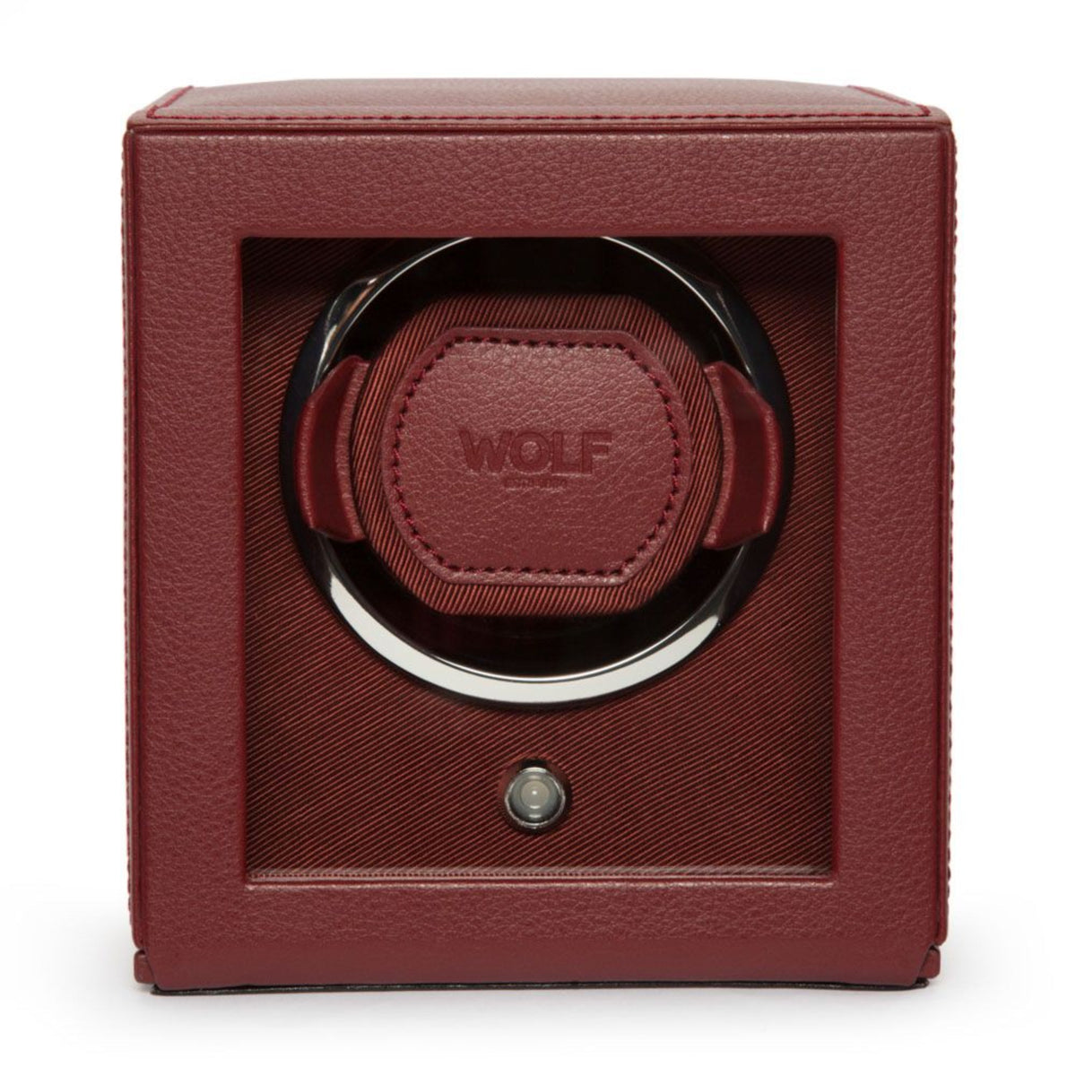 Bordeaux single watch winder with circular winder pod and WOLF logo center