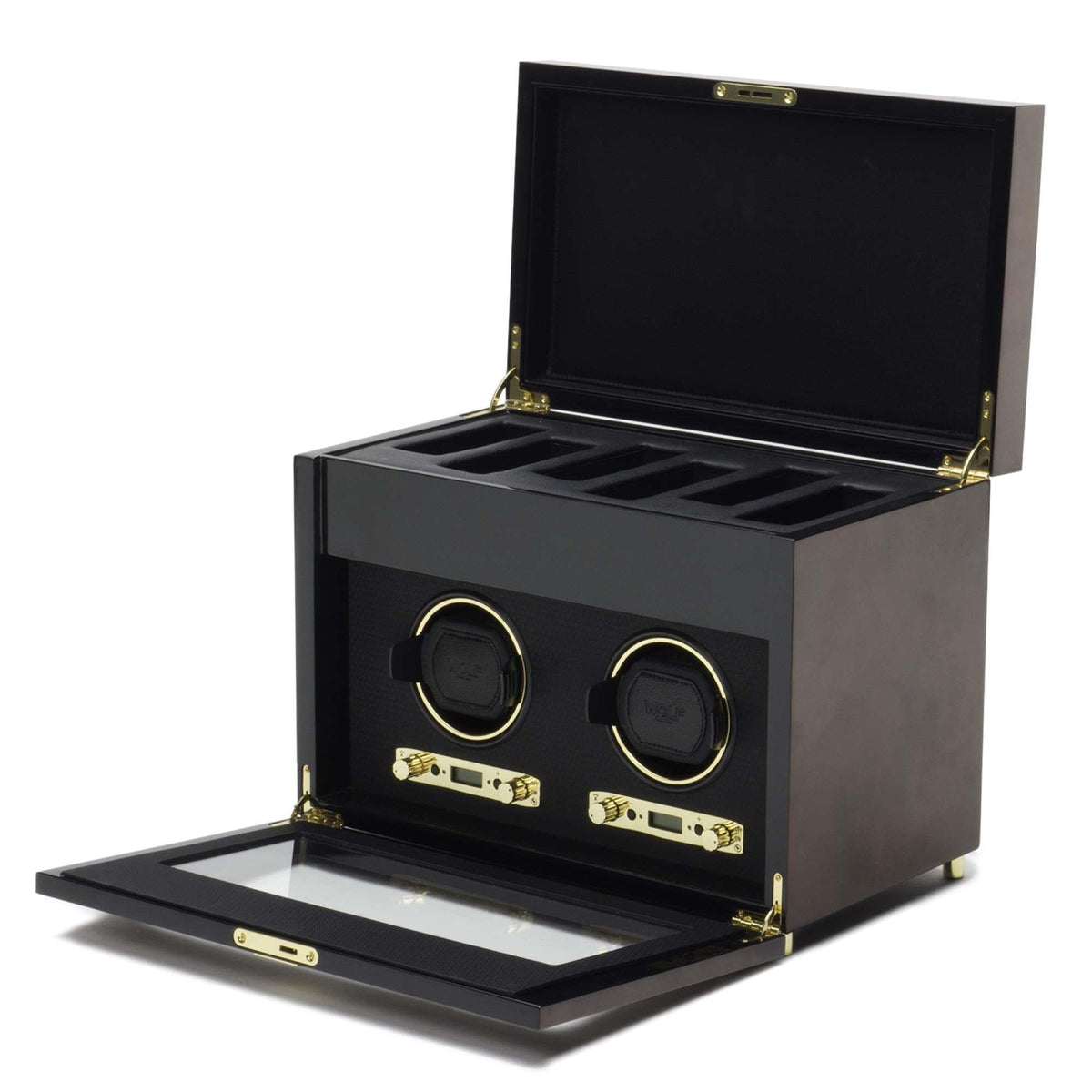 Black double watch winder with open lid and two circular dials in base
