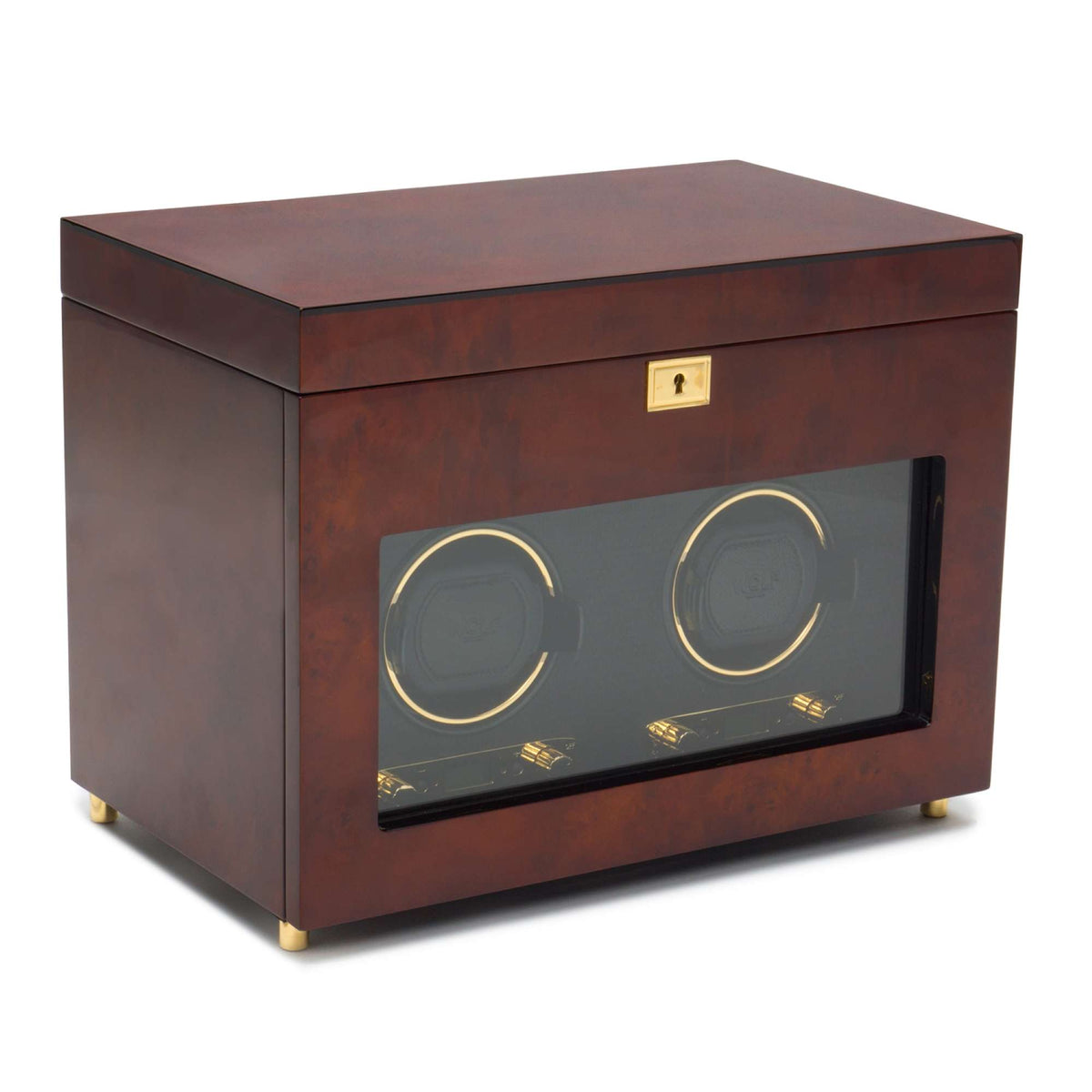 Burl wood double watch winder with glass window showing two illuminated circular dials