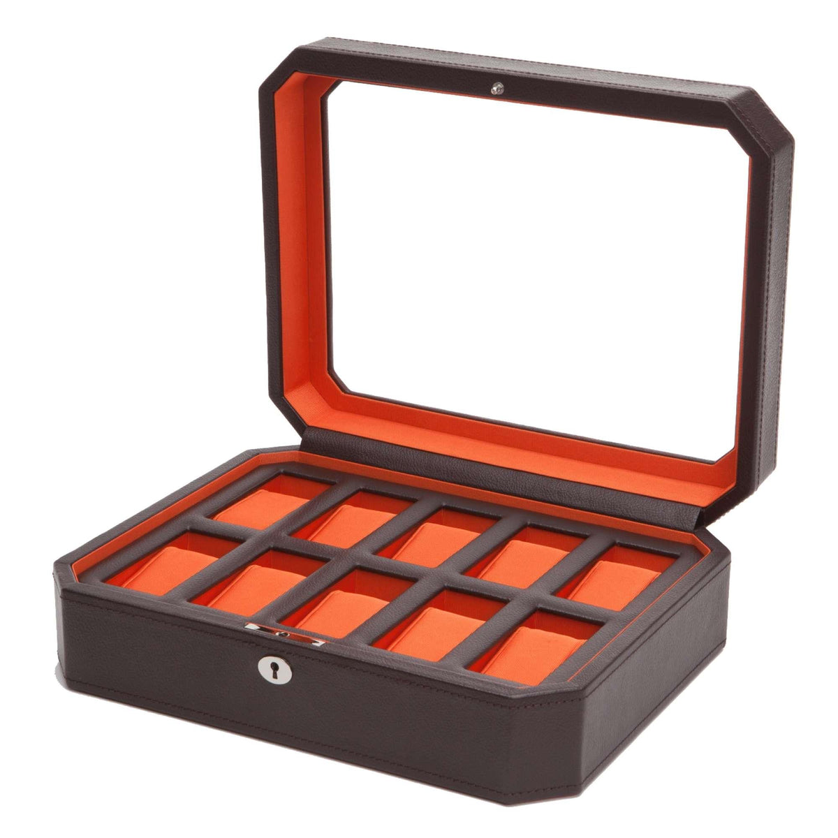 Open brown watch storage box with orange lining and black grid for watch slots