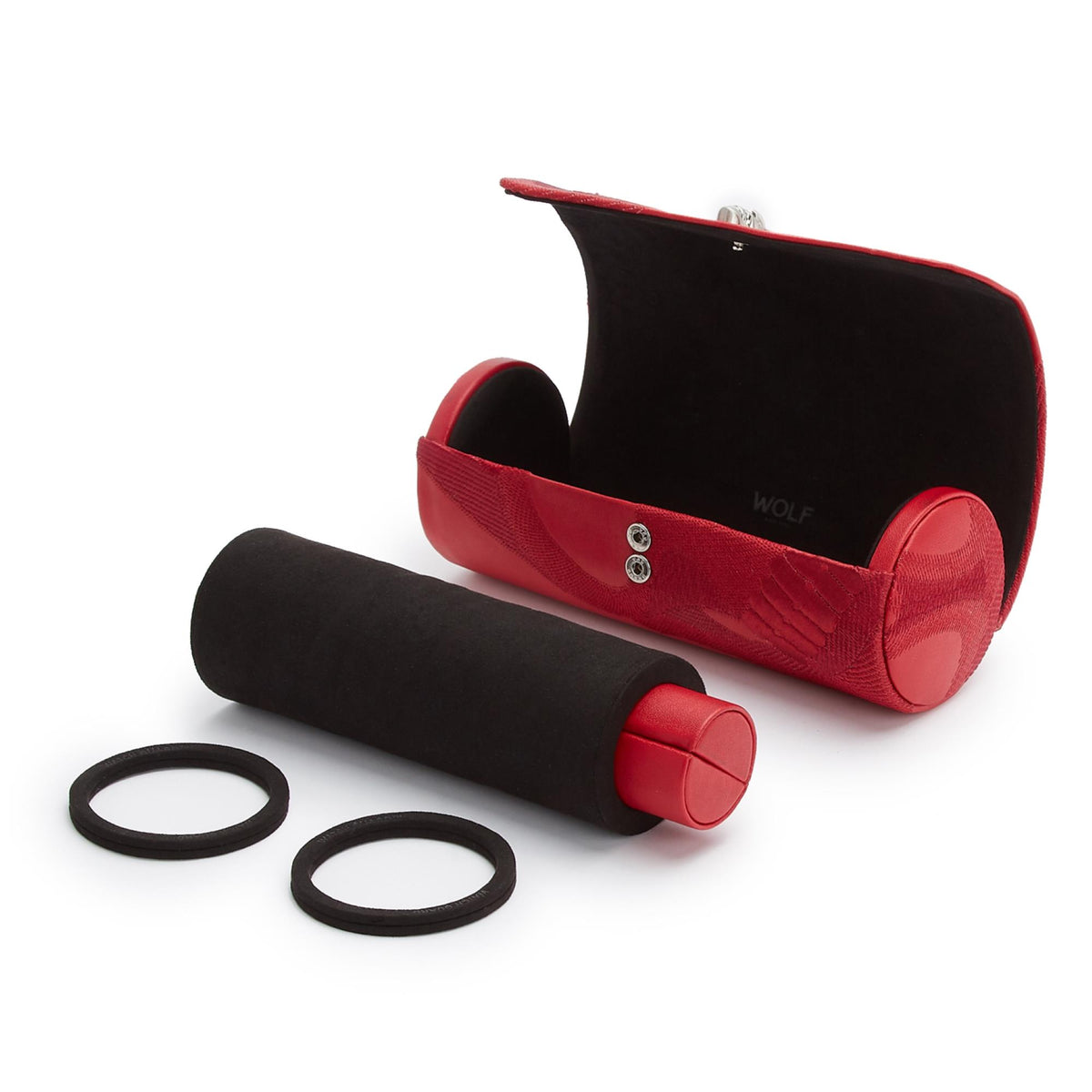 Red triple watch roll with black interiors and three elastic straps