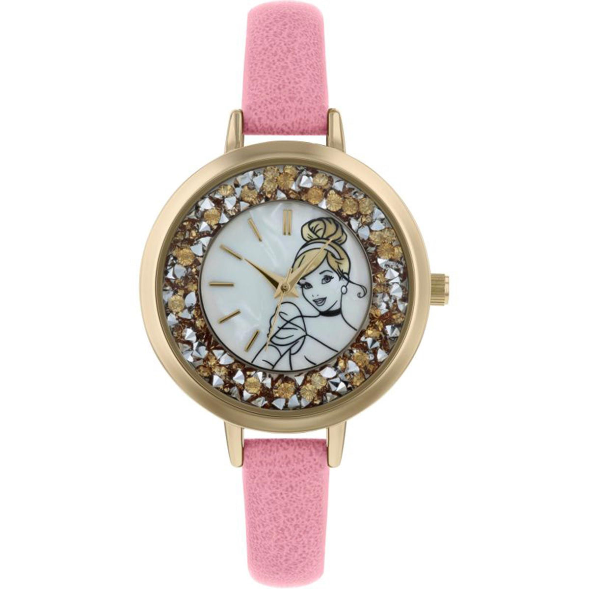 Girls princess quartz watch with jeweled bezel, pink leather strap, round illustrated dial