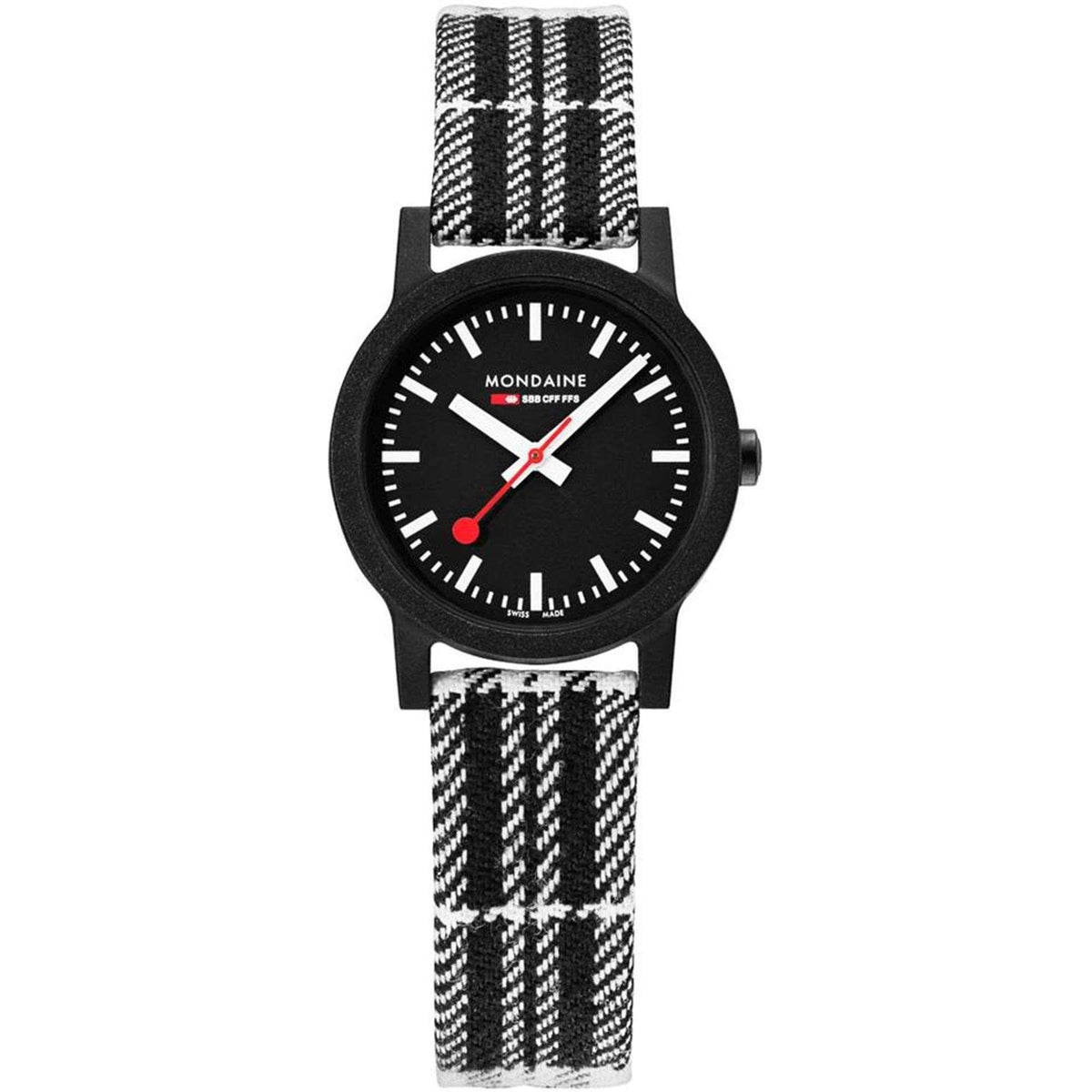 Ladies quartz wristwatch with black dial and red hand accents, black-and-white tartan strap