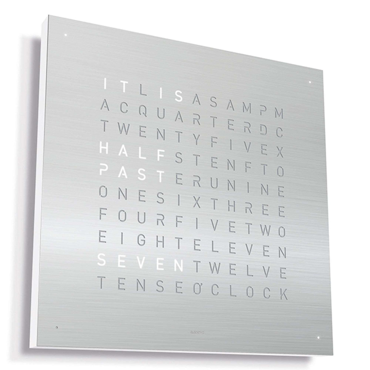 Angled brushed metal square wall clock face with engraved time words and corner dot markers