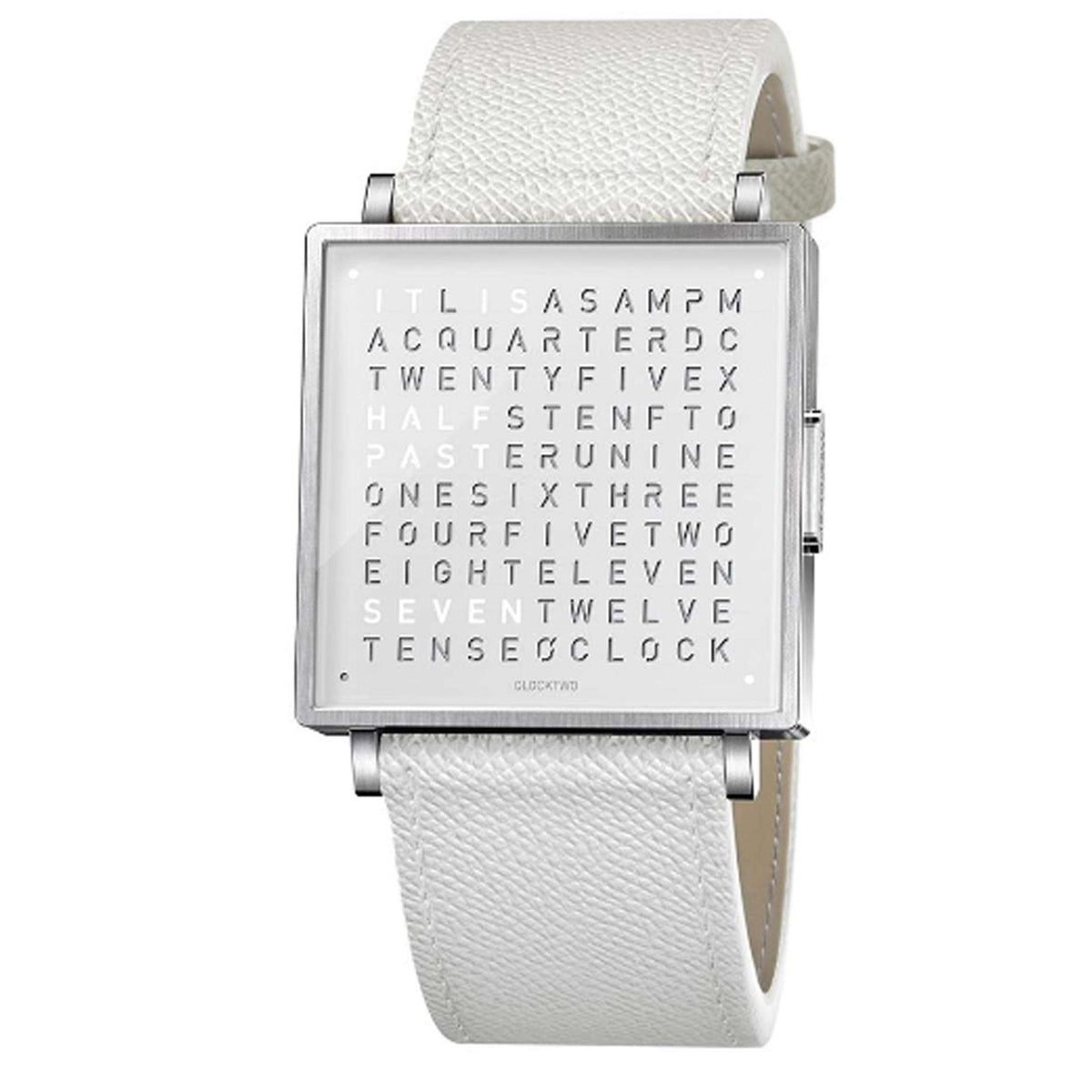 Rectangular watch with white dial and white leather strap, metallic frame and markers