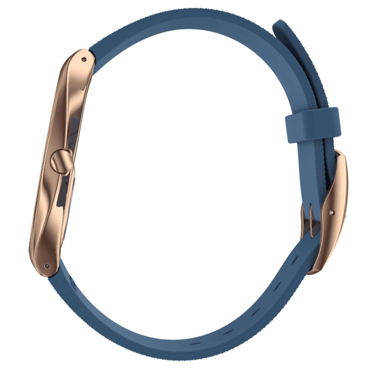 Swatch quartz watch case side and crown with dark blue rubber strap, rose-gold tone