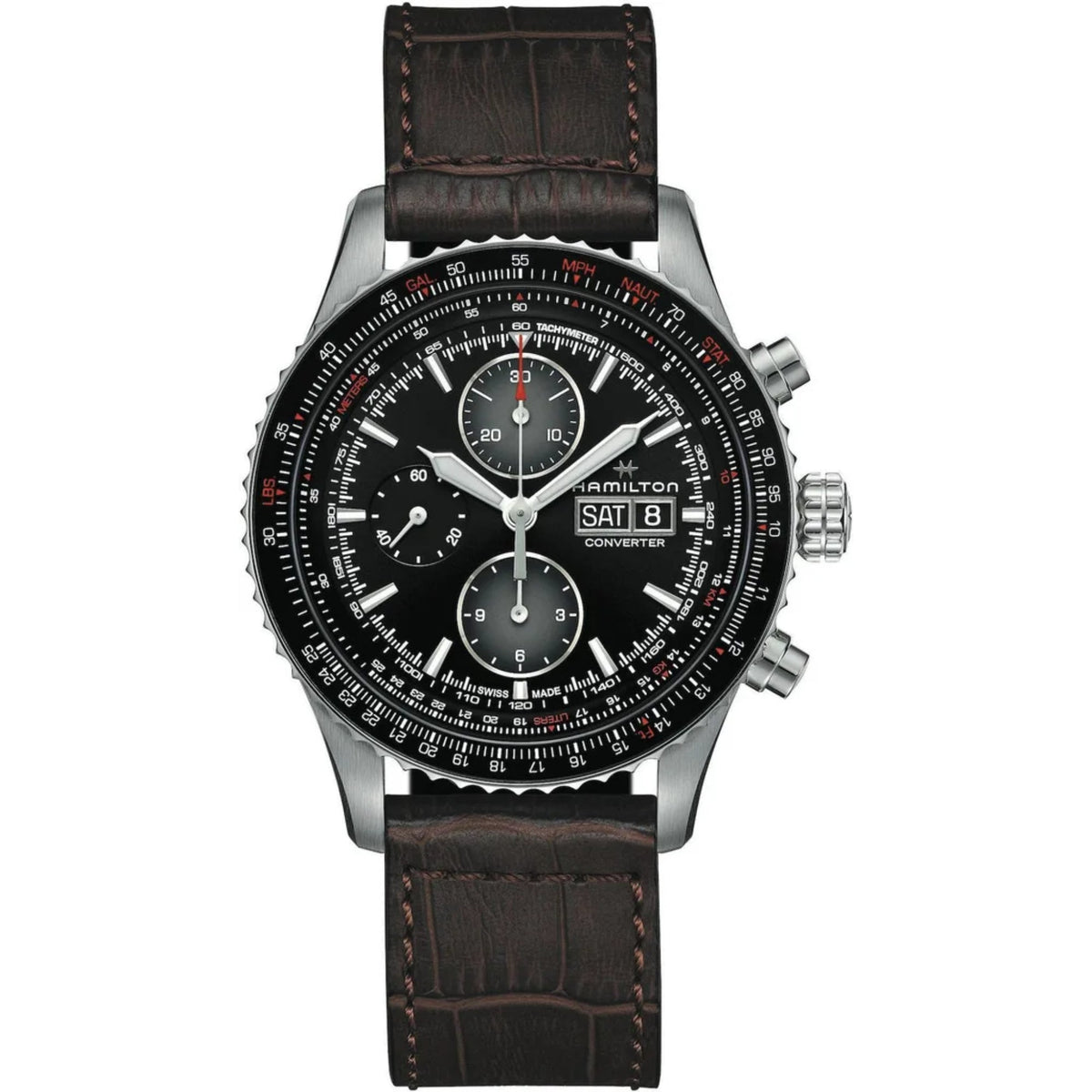 Men's aviation chronograph watch, front view, black dial and brown leather strap