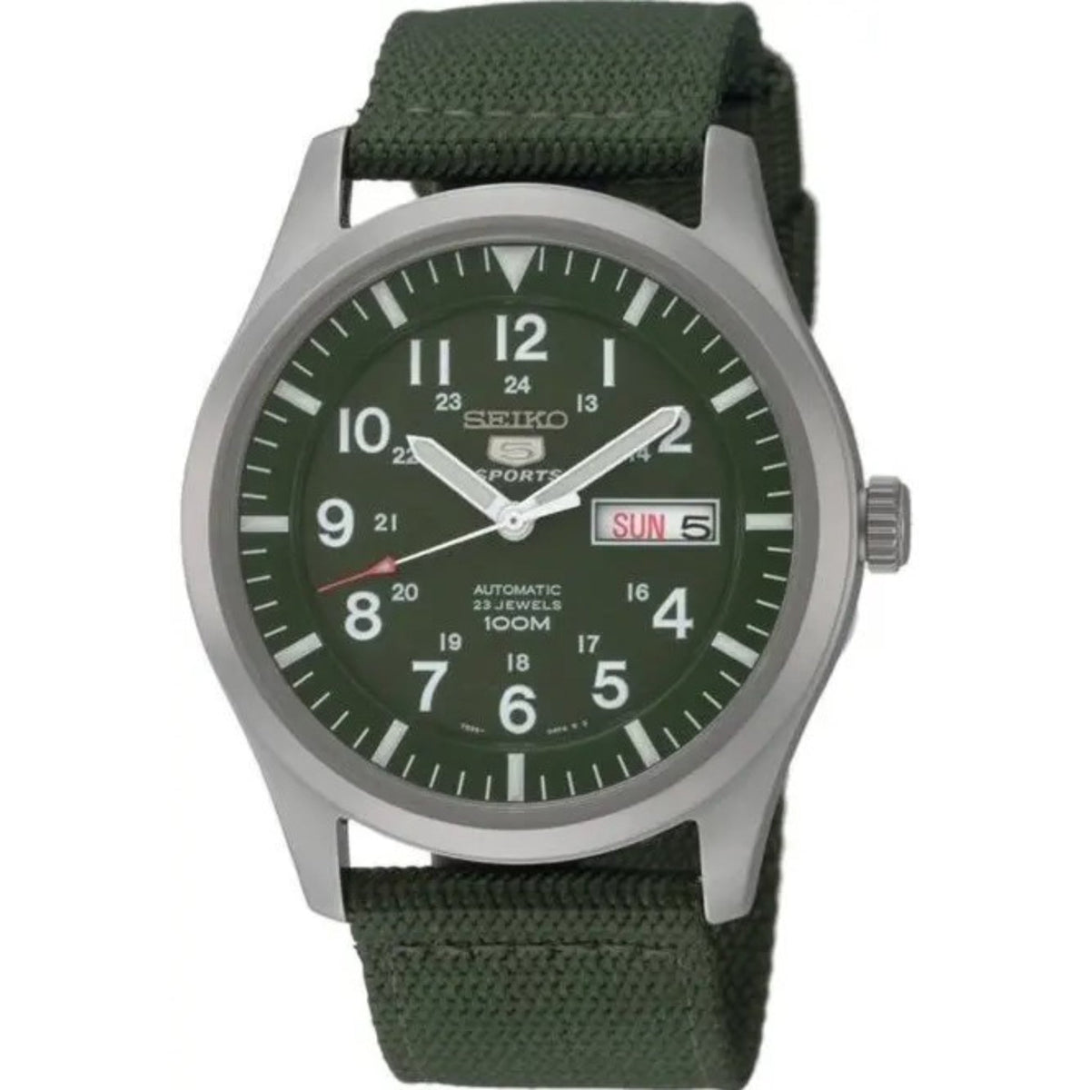 Men's automatic watch with green dial, silver bezel, and green NATO-style strap
