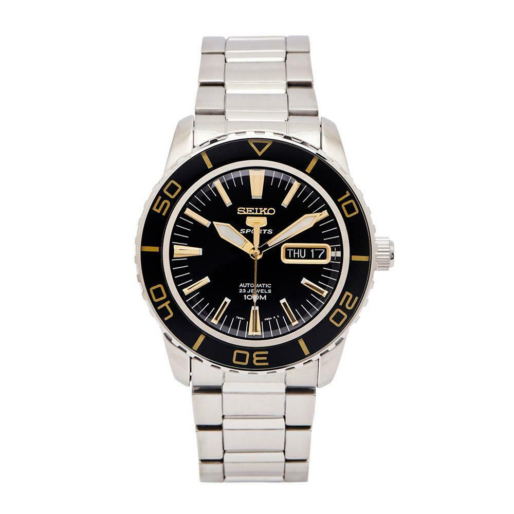 Seiko Sports automatic men's watch with black dial and stainless steel link bracelet