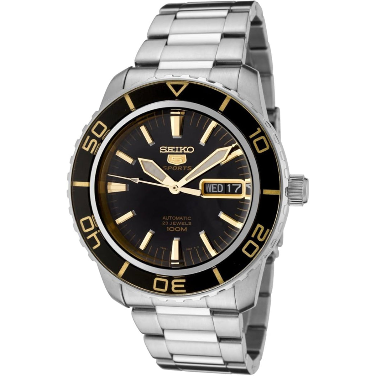 Seiko Sports automatic men's watch with black dial, gold hands, and stainless steel case