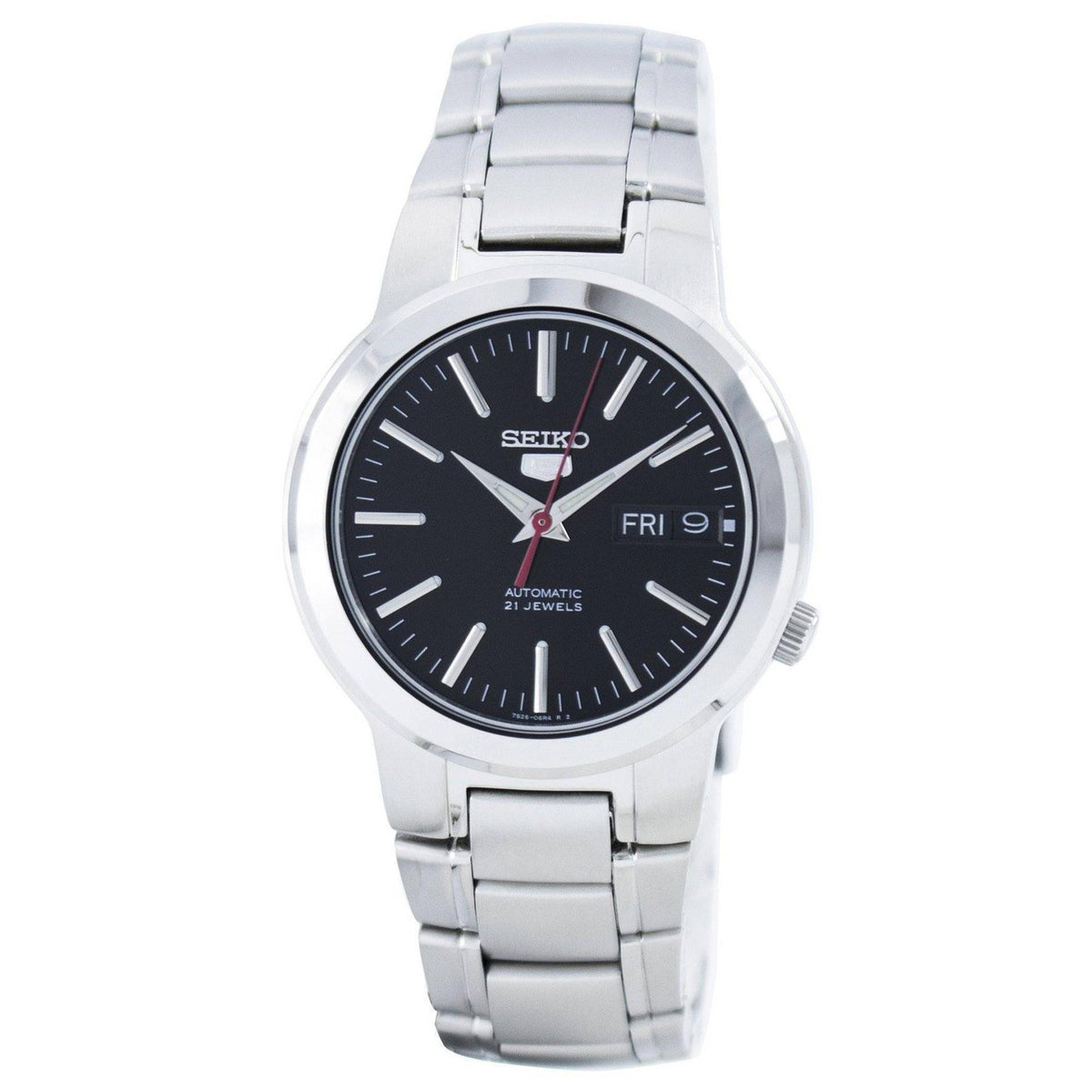 Seiko automatic men's watch with black dial, date window, stainless steel bracelet