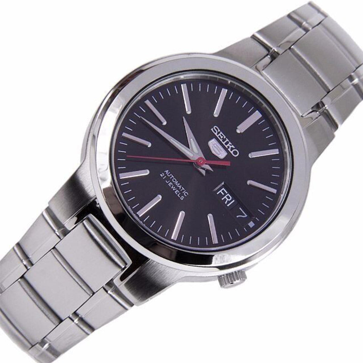 Seiko automatic men's watch angled view, black dial with red seconds hand and FRI