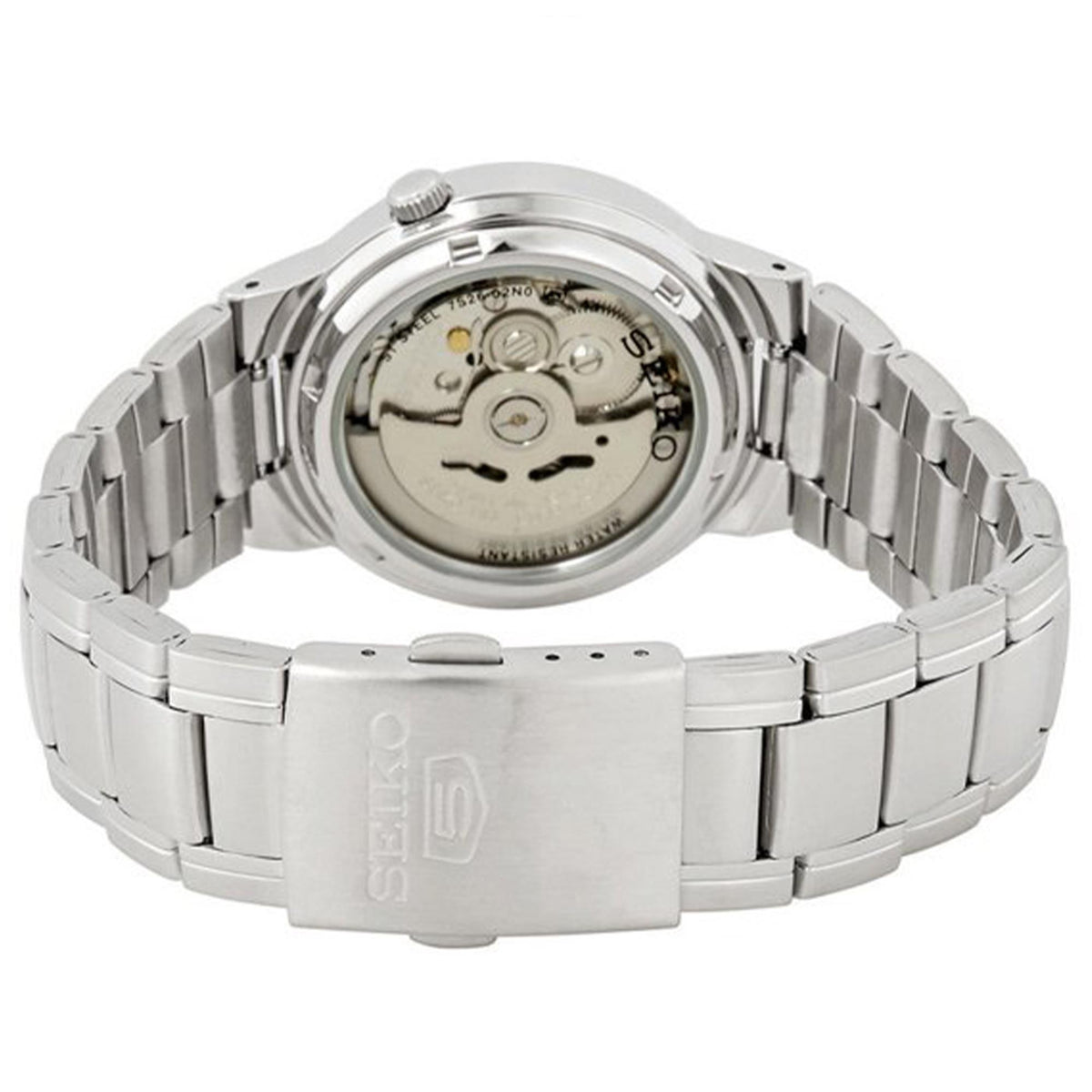 Seiko automatic watch caseback view with stainless steel bracelet and visible movement