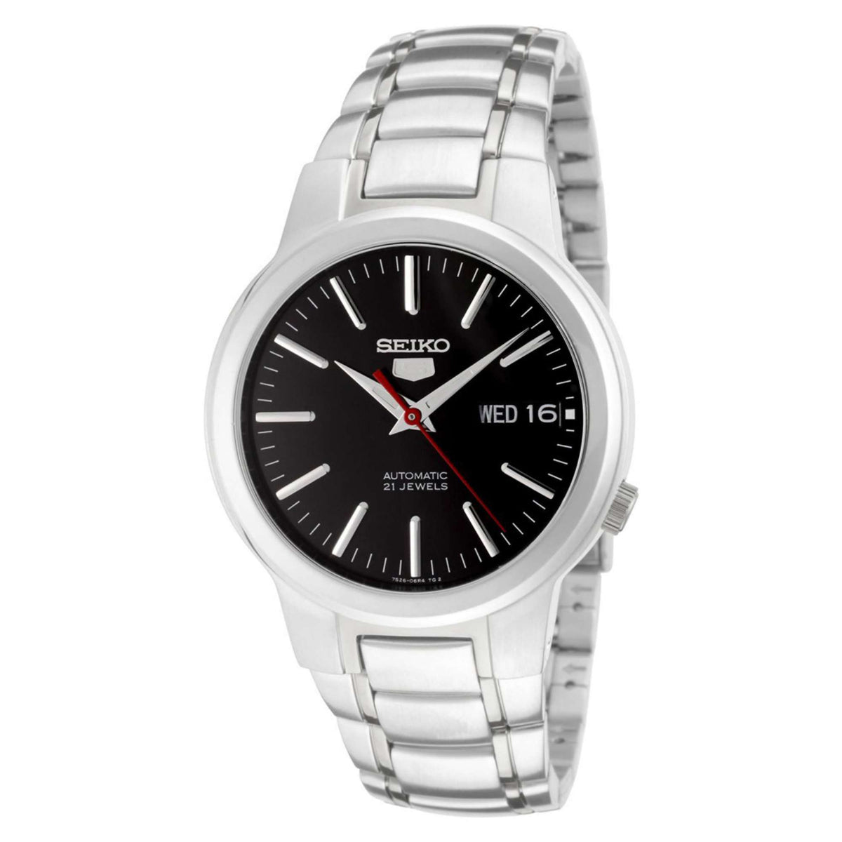 Seiko automatic men's watch, black dial with WED 16 marking and stainless steel bracelet