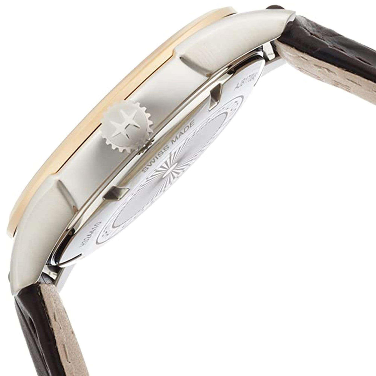 Silver watch case profile with crown, featuring a brown leather strap and polished lugs