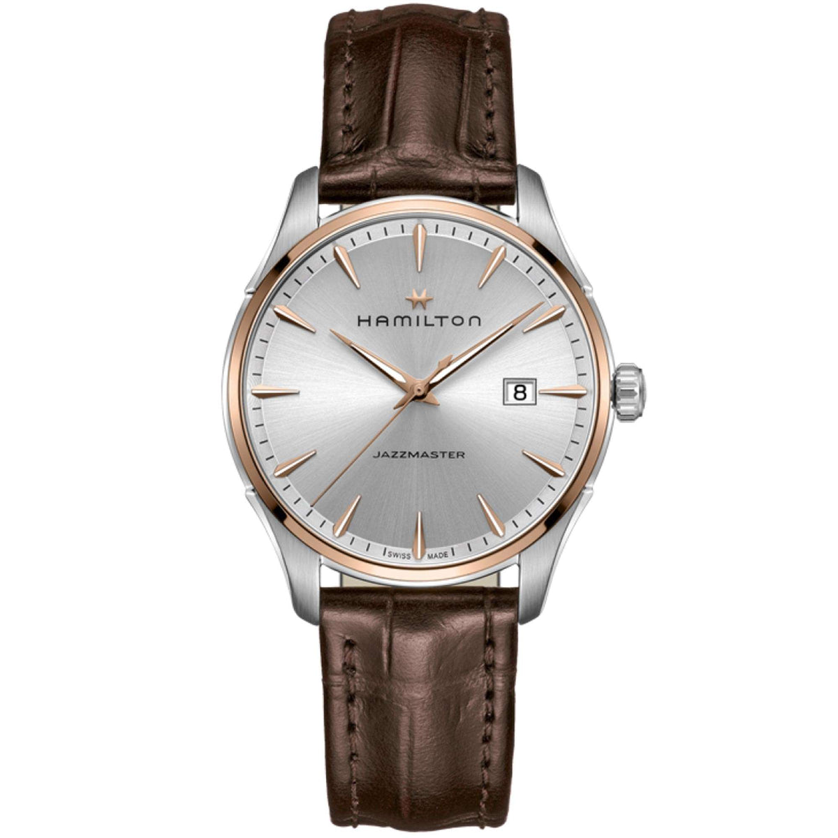 Silver-cased quartz wristwatch with light dial, brown leather strap and round bezel