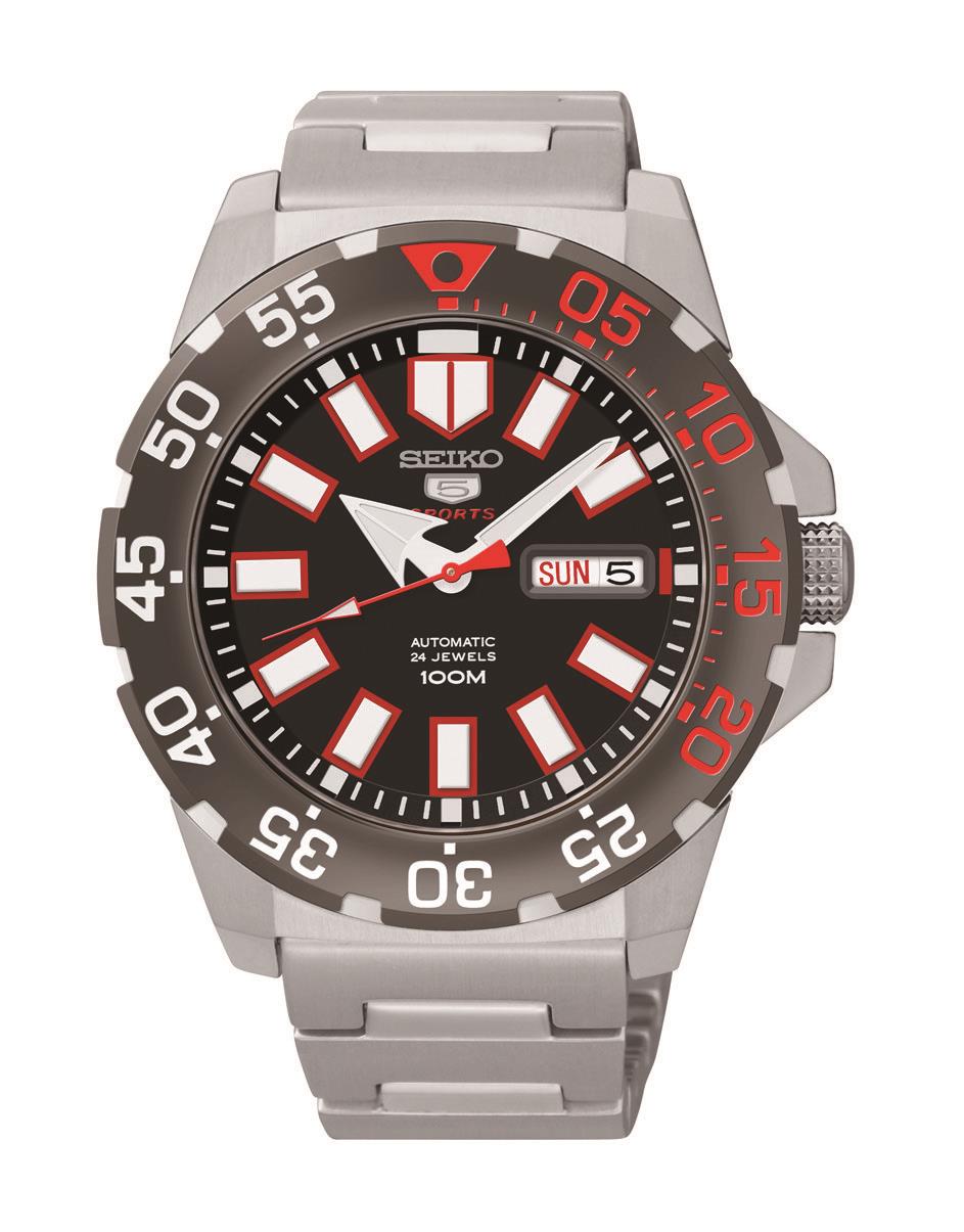 Men’s Seiko Sports automatic watch, black dial with red accents, steel bracelet